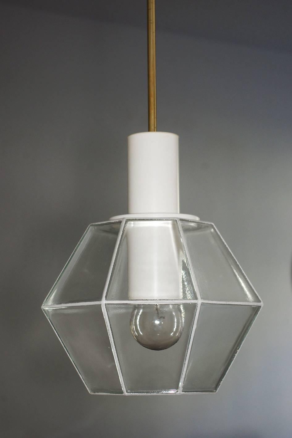 Minimalist Pair of German Vintage Art Deco Style Glass Metal Pendants Ceiling Lights 1960s For Sale