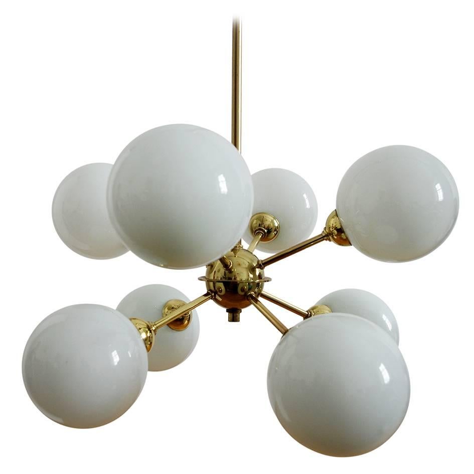 German Vintage Eight-Arm Sputnik Pendant Chandelier Brass Opaline Glass Globes 