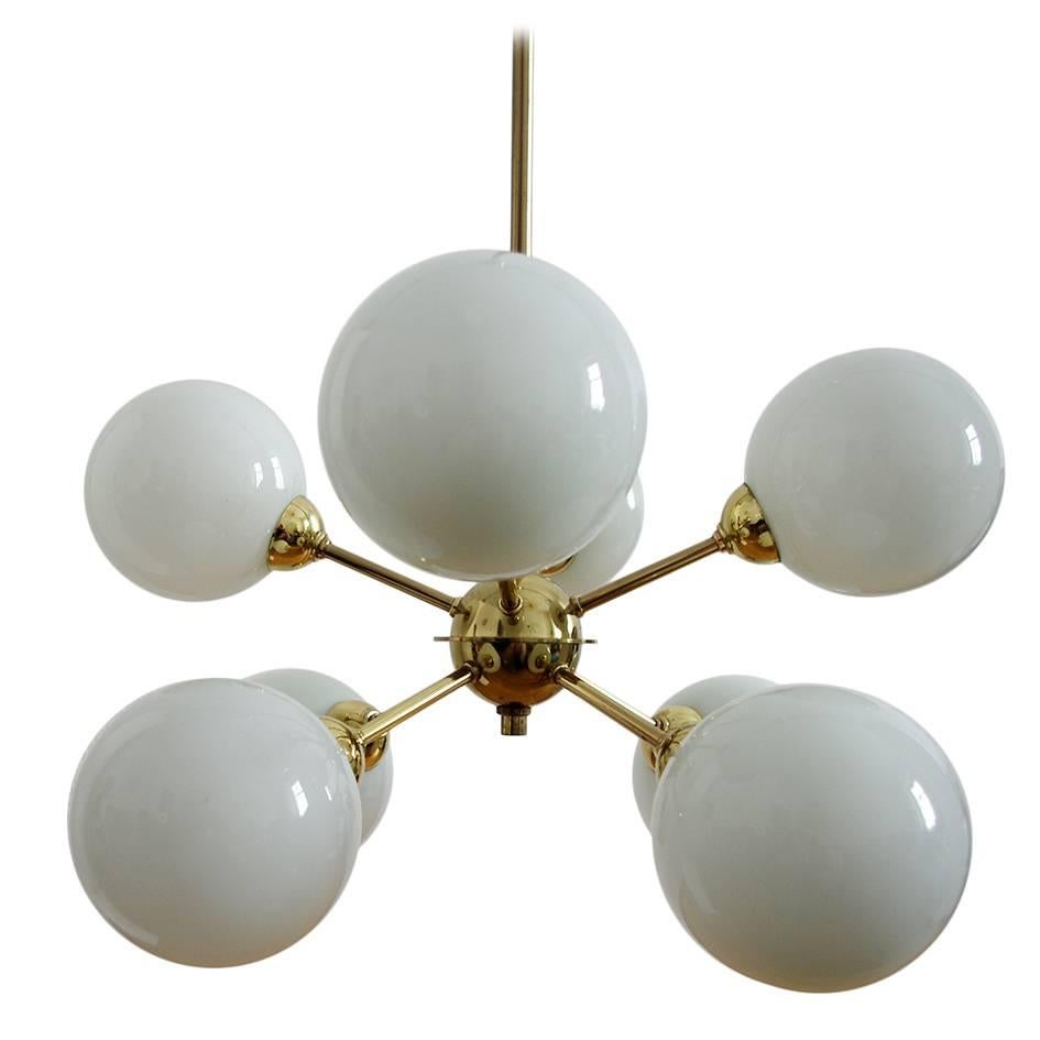 German Vintage Eight-Arm Sputnik Pendant Chandelier Brass Opaline Glass Globes  For Sale 2