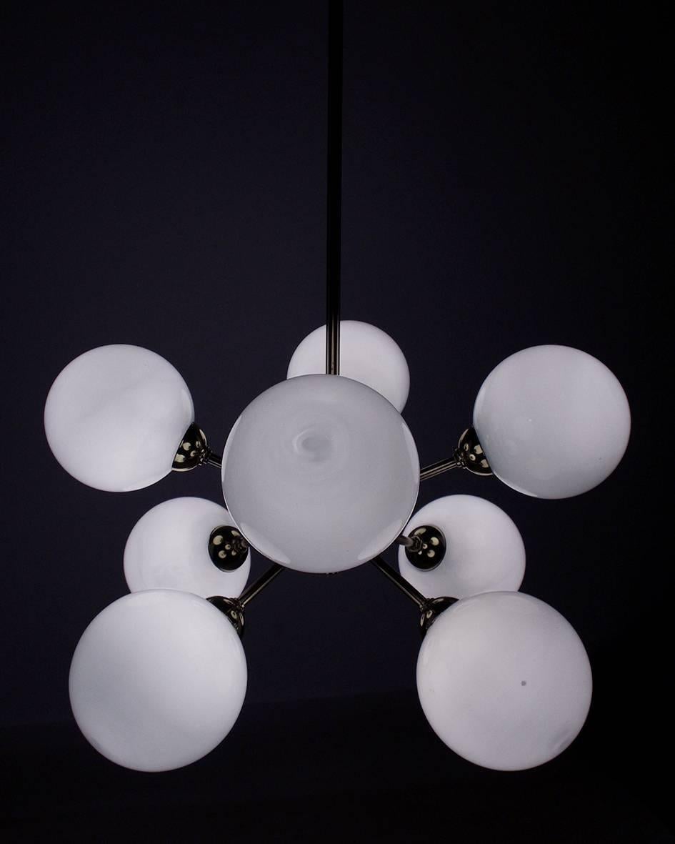 Space Age German Vintage Eight-Arm Sputnik Pendant Chandelier Brass Opaline Glass Globes  For Sale