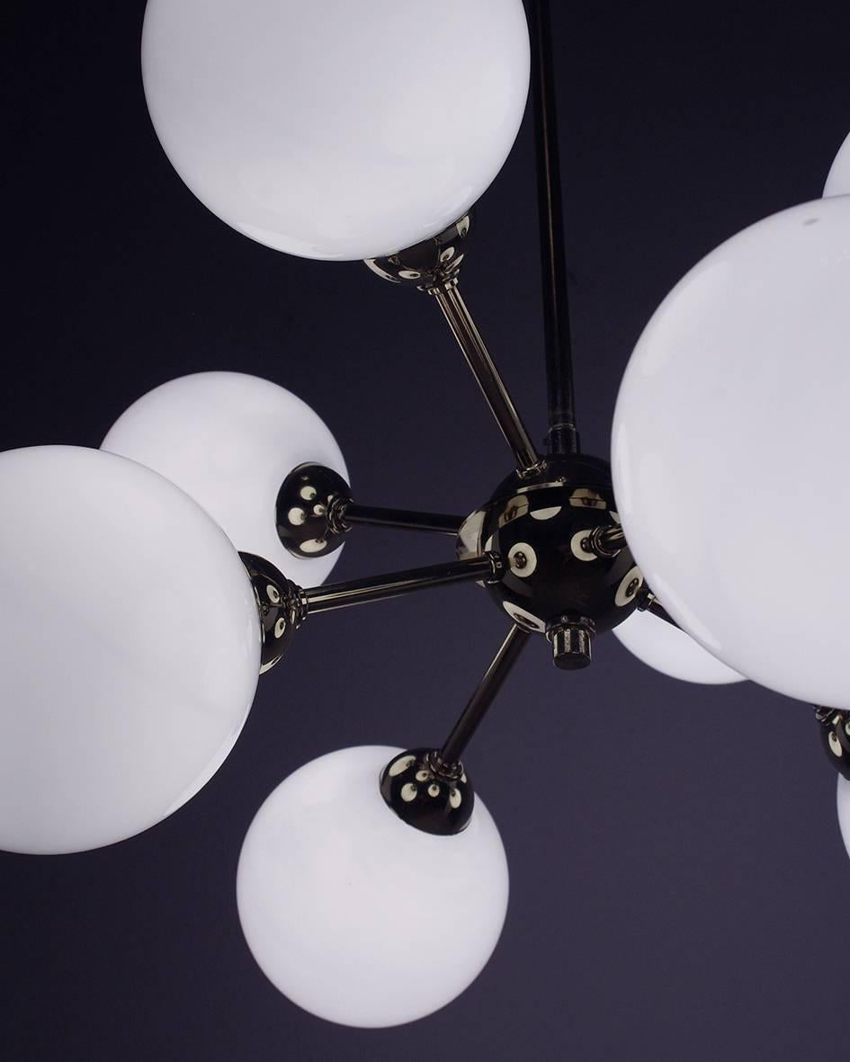 German Vintage Eight-Arm Sputnik Pendant Chandelier Brass Opaline Glass Globes  In Good Condition For Sale In Berlin, DE