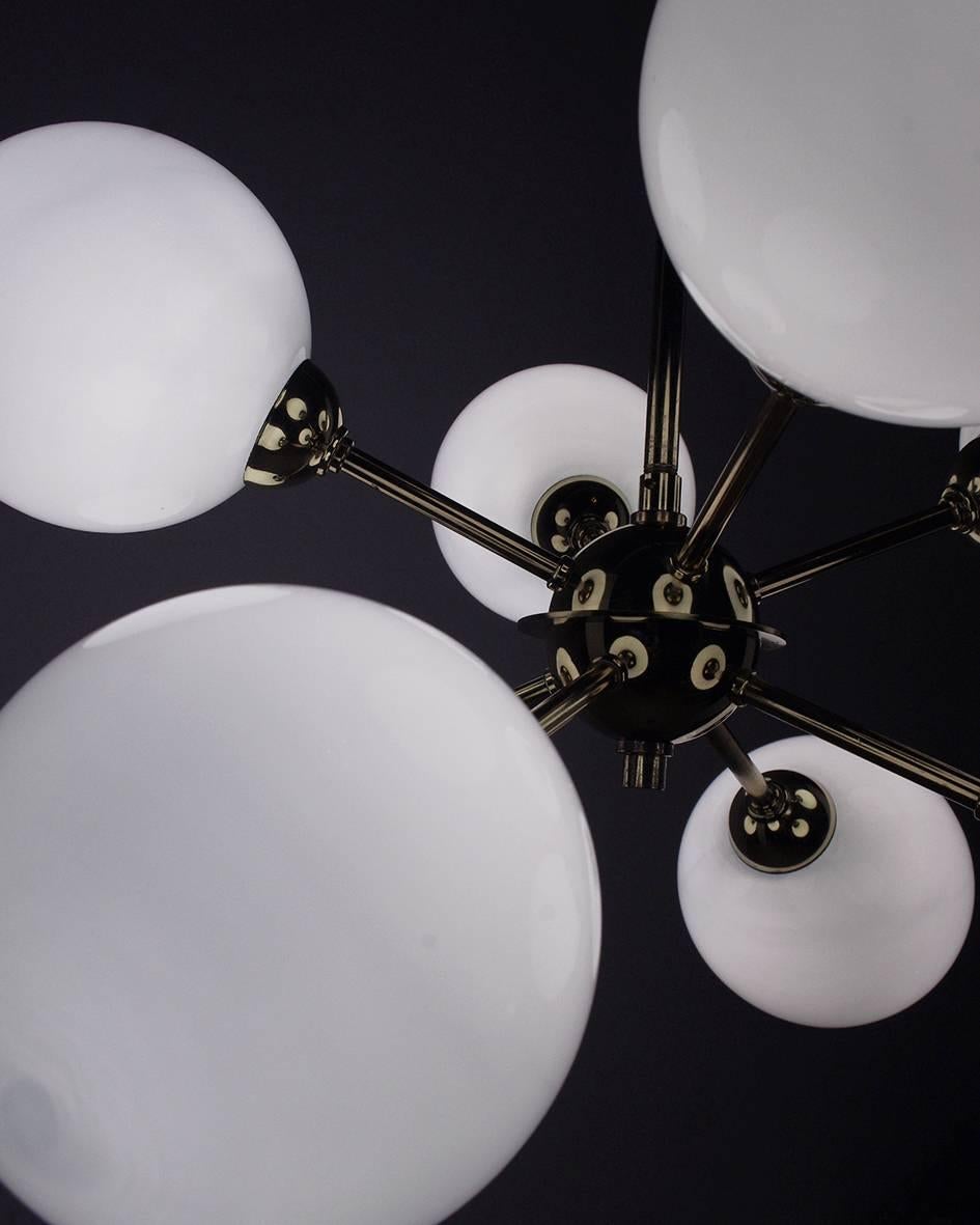 German Vintage Eight-Arm Sputnik Pendant Chandelier Brass Opaline Glass Globes For Sale 1