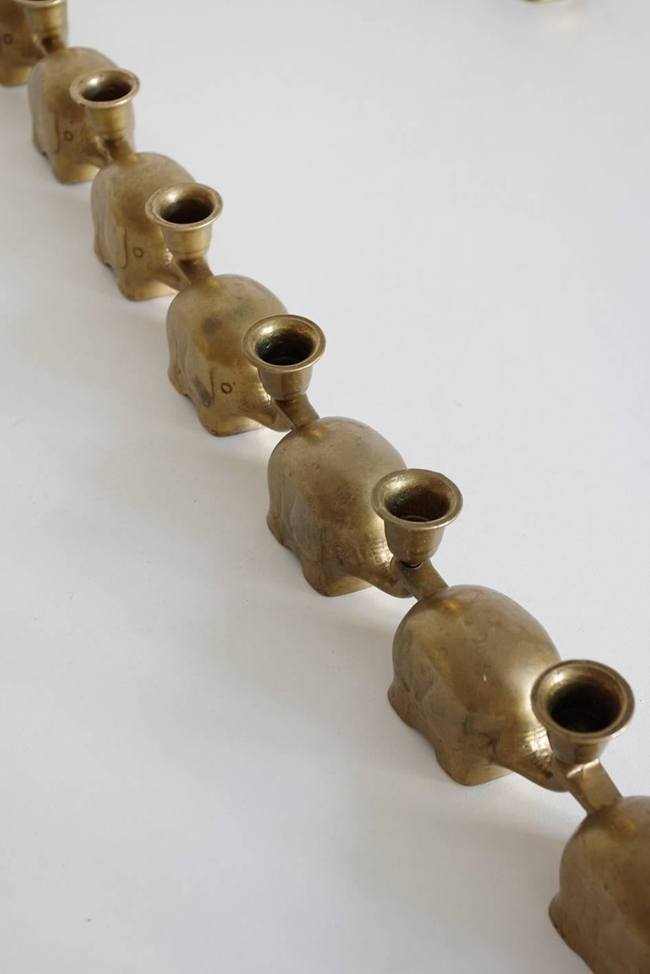 Mid-Century Modern Very Rare Set of 14 Brass Candlesticks Candle Holders Elephant Herd
