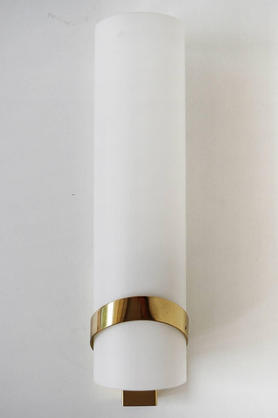 Pair of large white glass and brass wall lights or sconces, 
Italy, 1950s.

Lamp sockets: 1x E14.