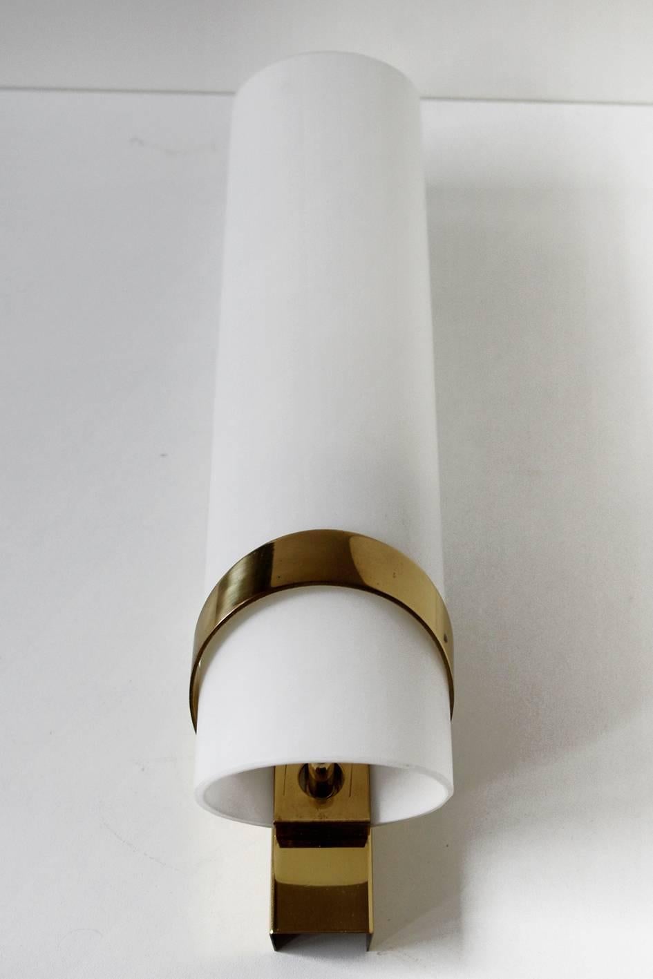 Mid-Century Modern Pair of Large White Glass and Brass Stilnovo Wall Lights Sconces, Italy, 1950s