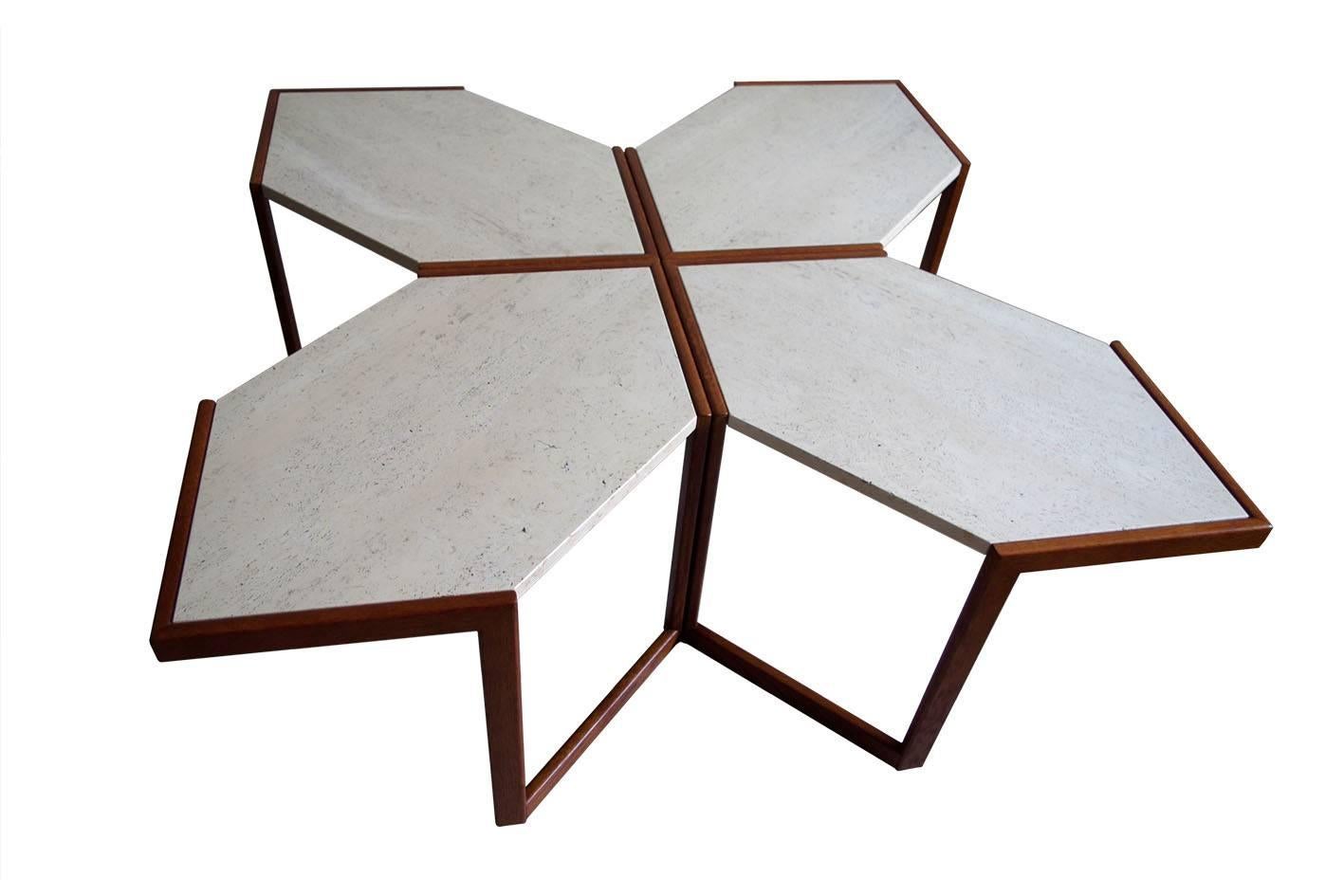 Travertine Set of Four Italian Modular Wood and Stone Coffee Side Sofa Tables, 1960s For Sale
