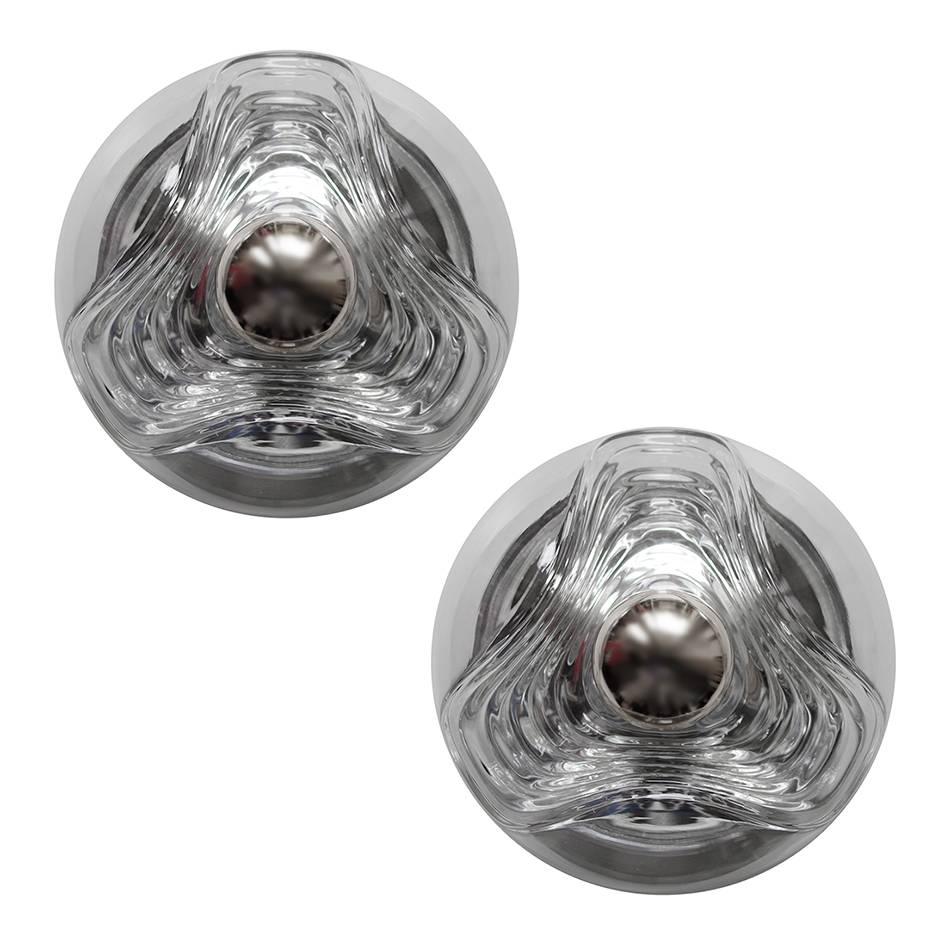 Pair of German Vintage Hand Blown Glass Flush Mounts Wall Ceiling Lights 1960s For Sale 4