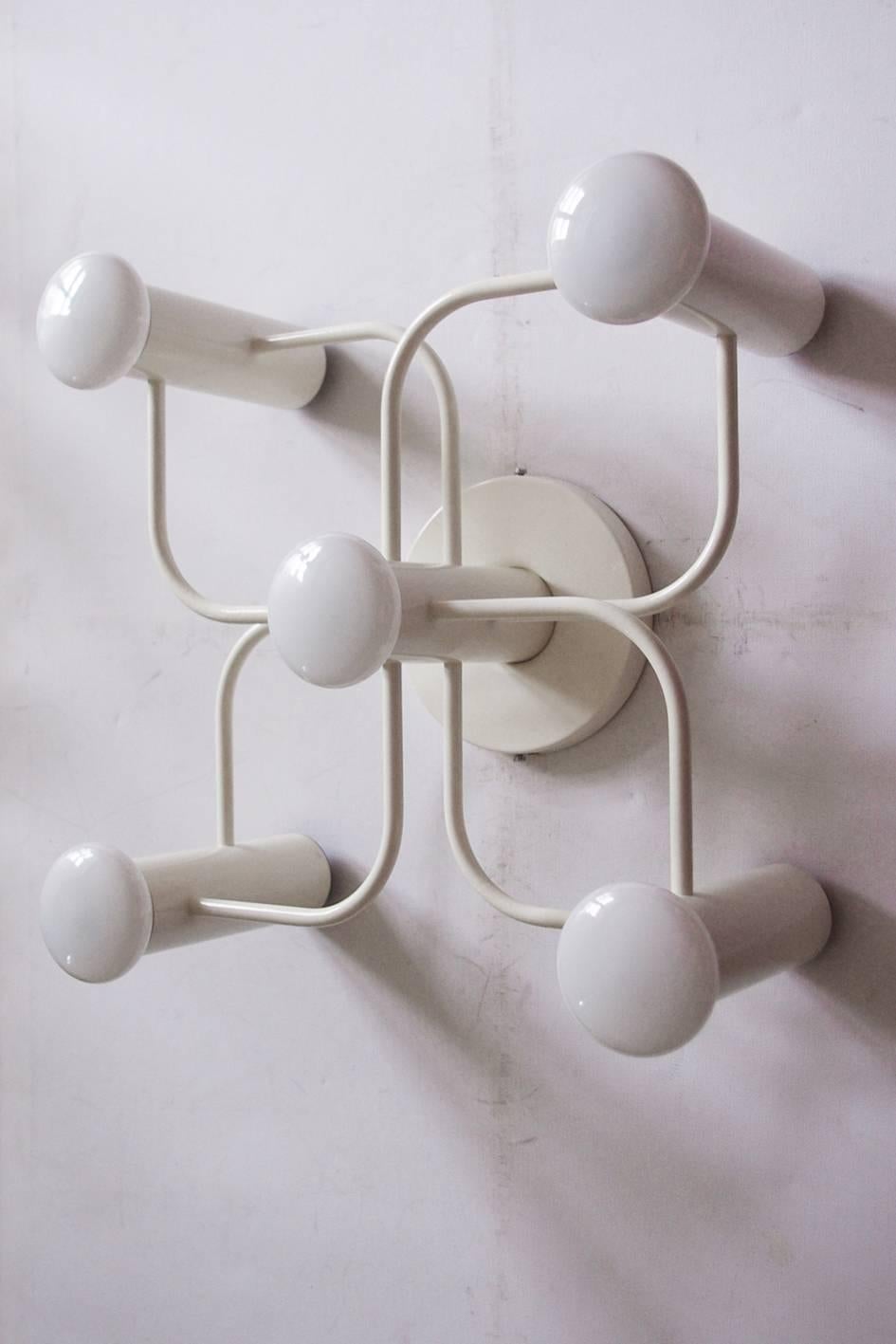 Beautiful sculptural Sciolari style ceiling or wall flush mount by Leola,
Germany, 1960s.
White lacquered version! 
Measures: Height 13.8 in, width 13.8 in, depth 7 in.
Other versions and models available (brushed brass, white lacquered, polished