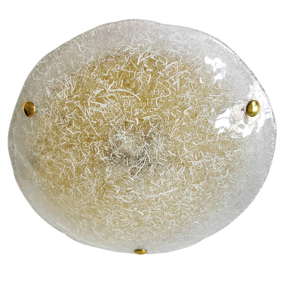 White and clear blown Murano glass and brass ceiling light/flush mount.
Germany, 1960s.