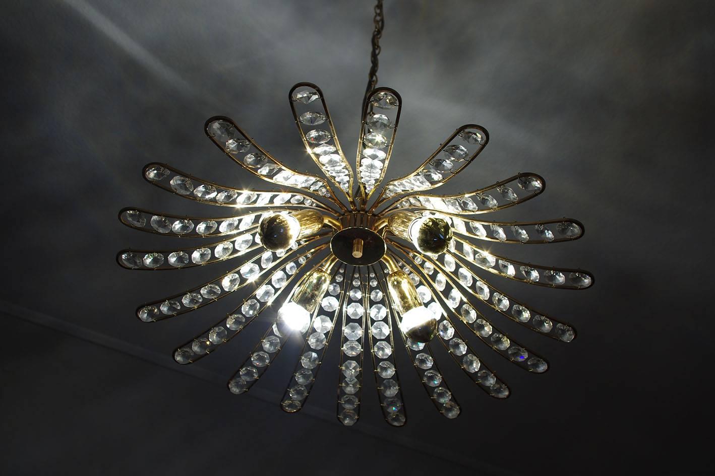 Hollywood Regency Austrian Vintage Crystal Glass and Gilt Brass Ceiling Light Pendant Chandelier For Sale