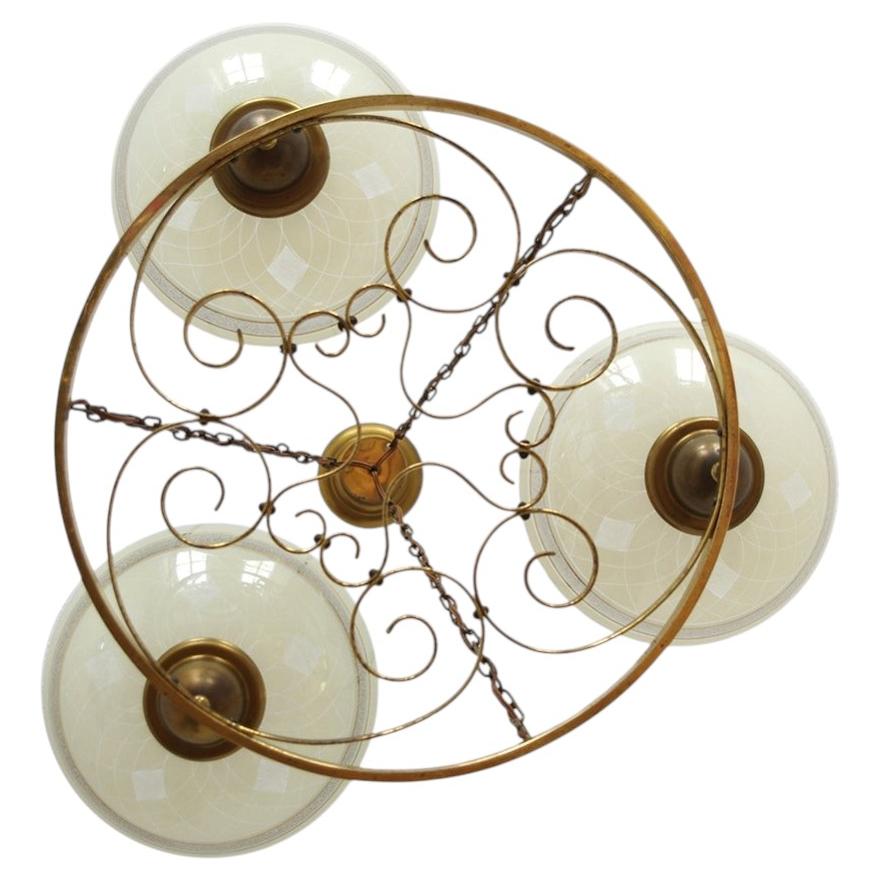 Lampadario tedesco d'epoca in ottone e vetro, anni '40