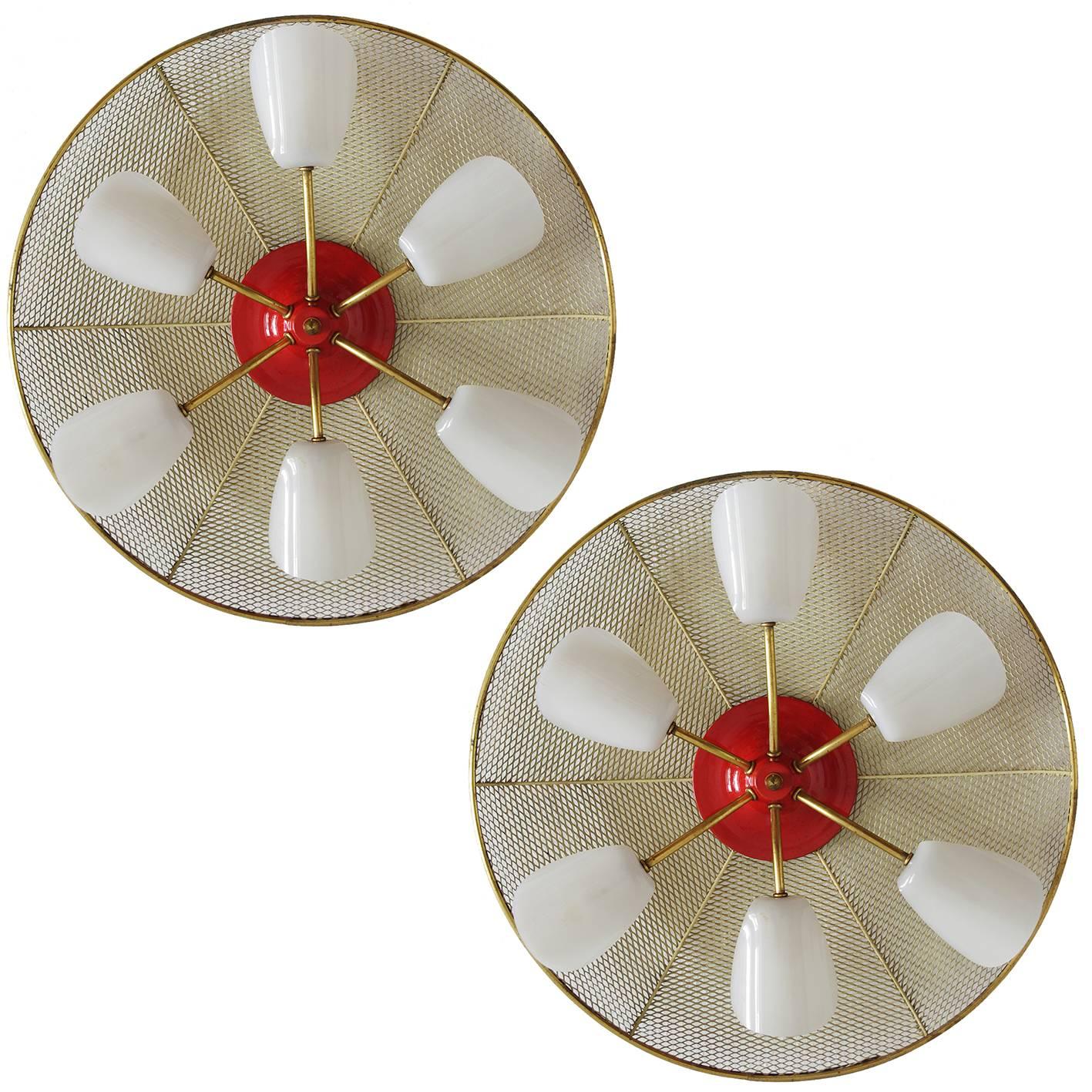 Pair of Large French Wall Ceiling Lights Flush Mounts, 1950s