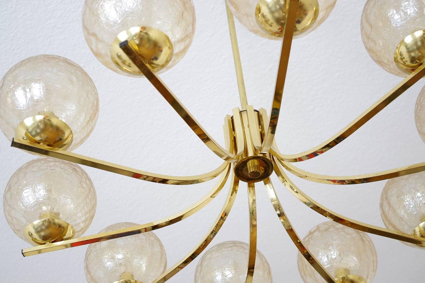 Large German Glass and Brass Ceiling Light Chandelier Pendant, 1960s In Excellent Condition In Berlin, DE