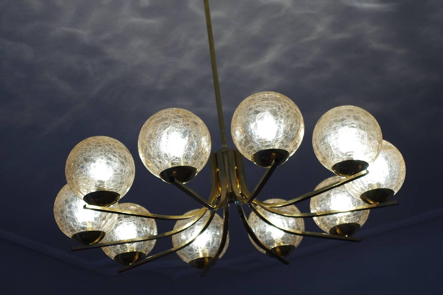 Mid-Century Modern Large German Glass and Brass Ceiling Light Chandelier Pendant, 1960s