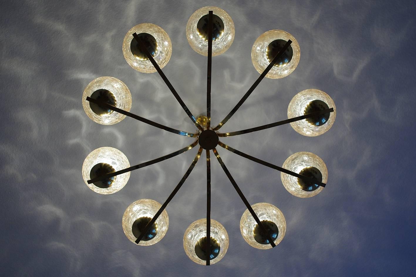 20th Century Large German Glass and Brass Ceiling Light Chandelier Pendant, 1960s
