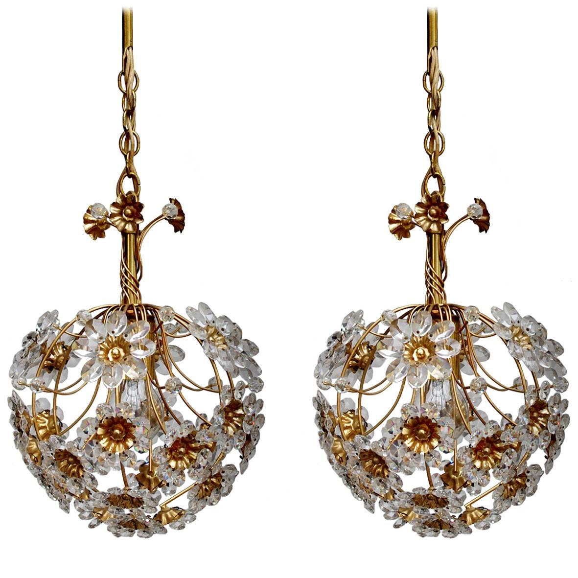 Pair of German Vintage Crystal Glass and Gold Brass Chandeliers Pendants, 1960s