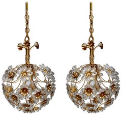 Paire de lustres à suspension allemands vintage en cristal, verre et laiton doré, années 1960