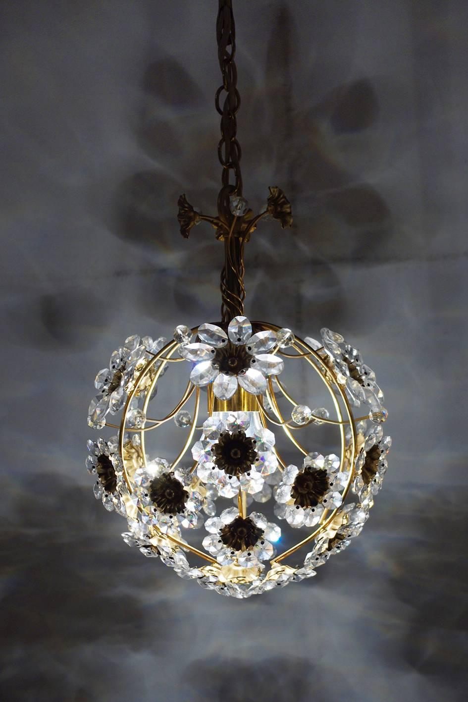 Hollywood Regency Pair of German Vintage Crystal Glass and Gold Brass Chandeliers Pendants, 1960s