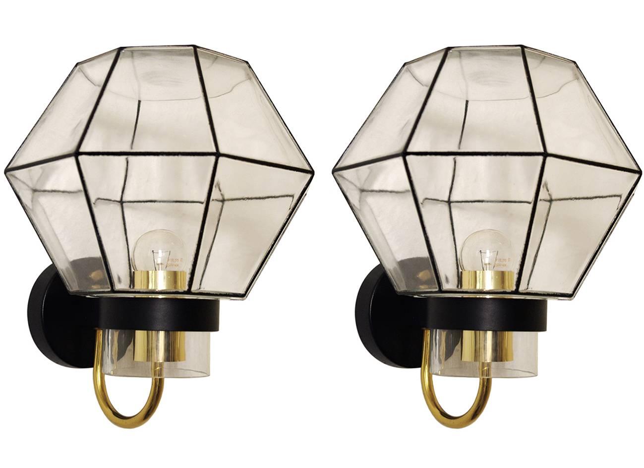 Pair of large blown glass, brass and iron wall lights.
Germany, 1960s.
Lamp sockets: 1x E27 (US E26)
