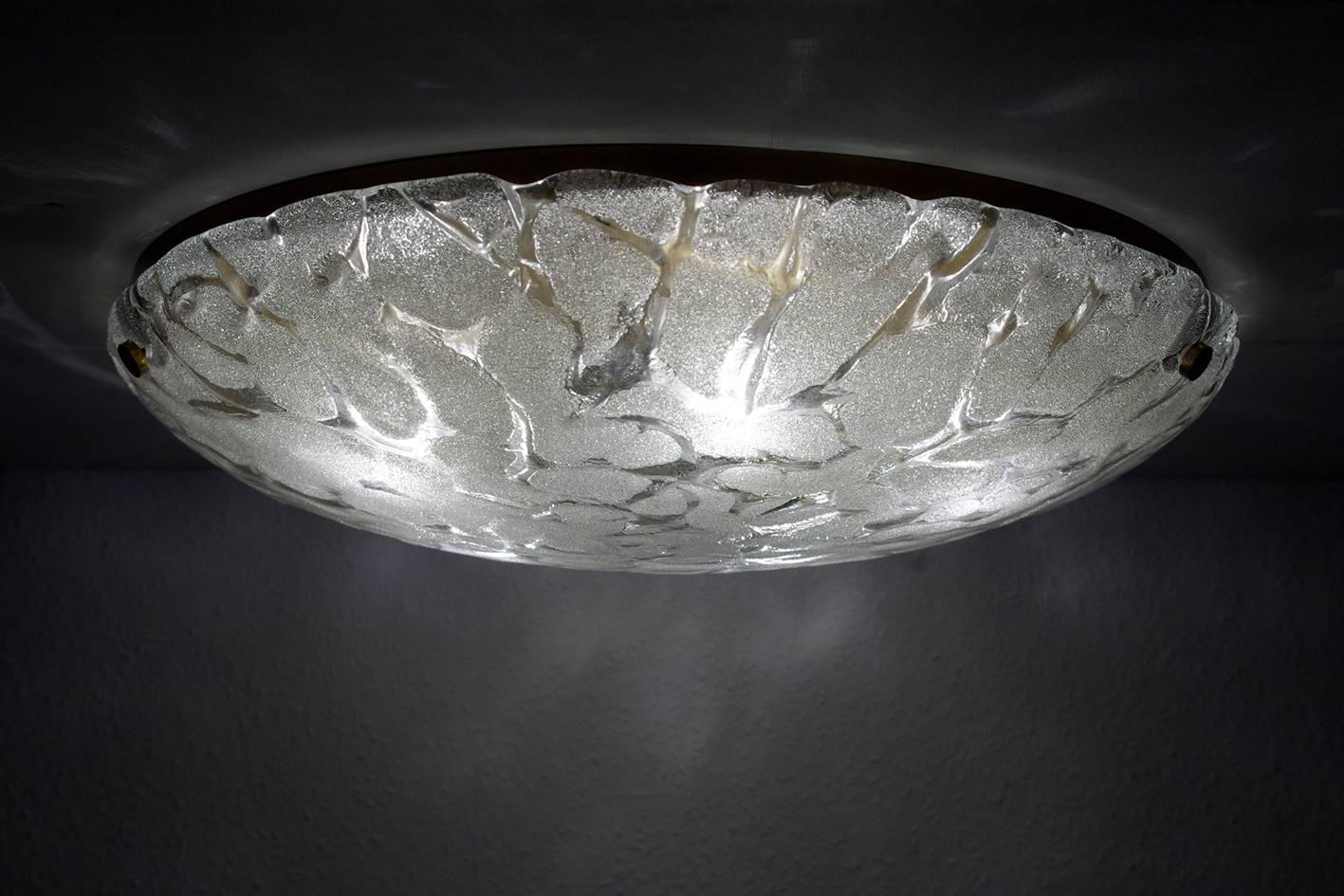 Mid-Century Modern Large German Vintage Textured Murano Glass Flush Mount, 1960s For Sale