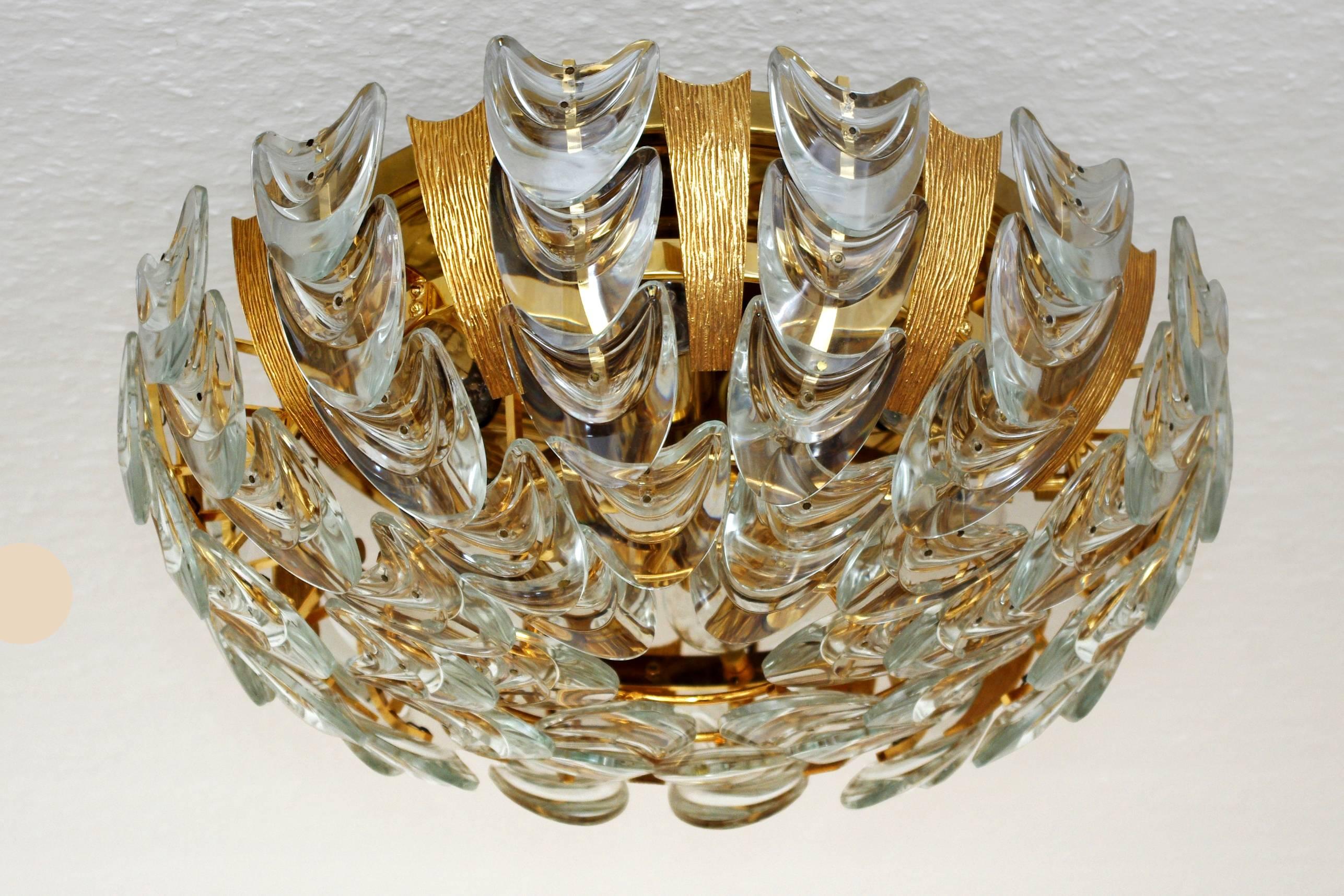 Hollywood Regency Very Rare and Beautiful Gold-Plated Chandelier Flush Mount by Palwa, 1960s