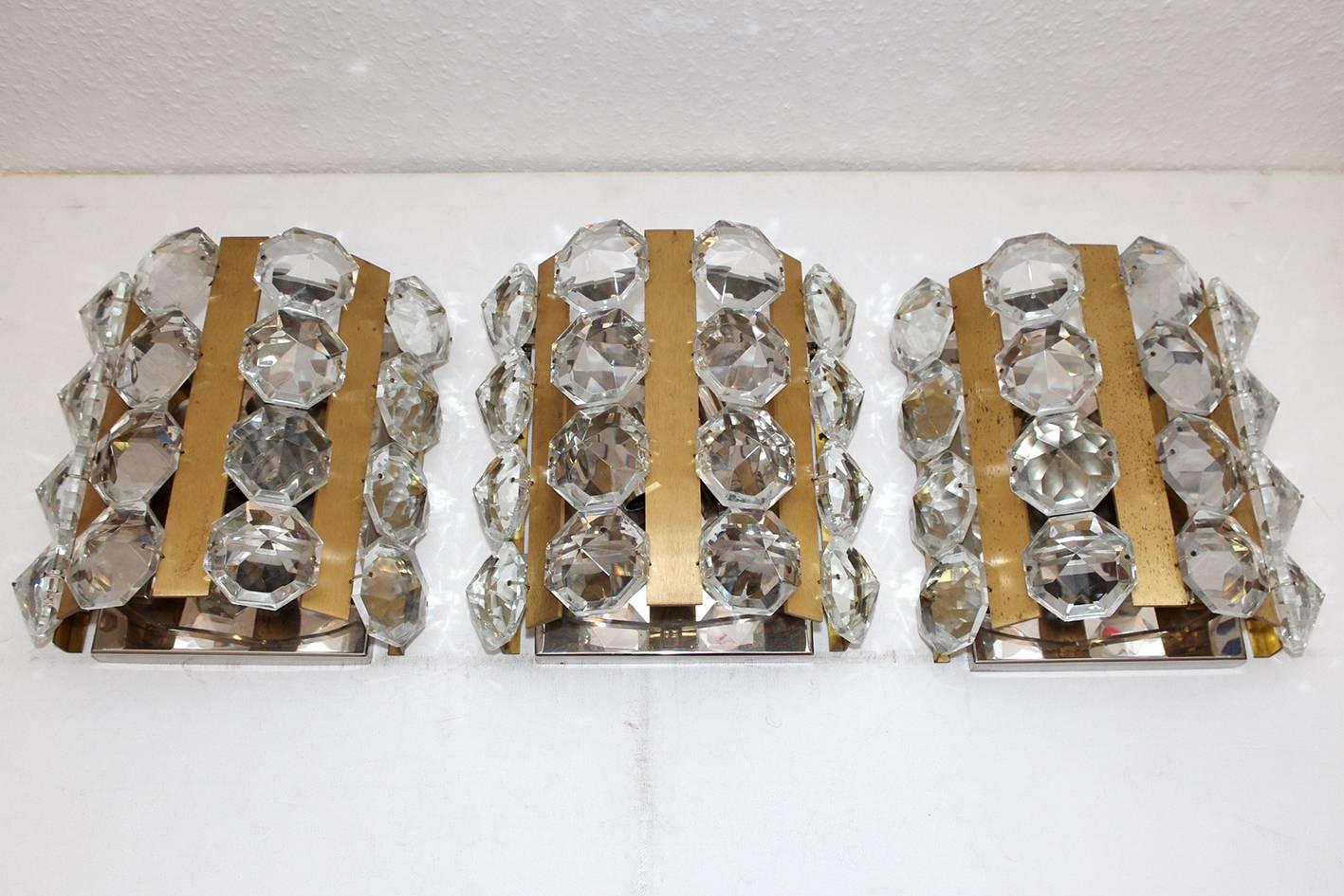 Crystal Set of Three Massive Austrian Vintage Glass and Brass Sconces, 1950s For Sale