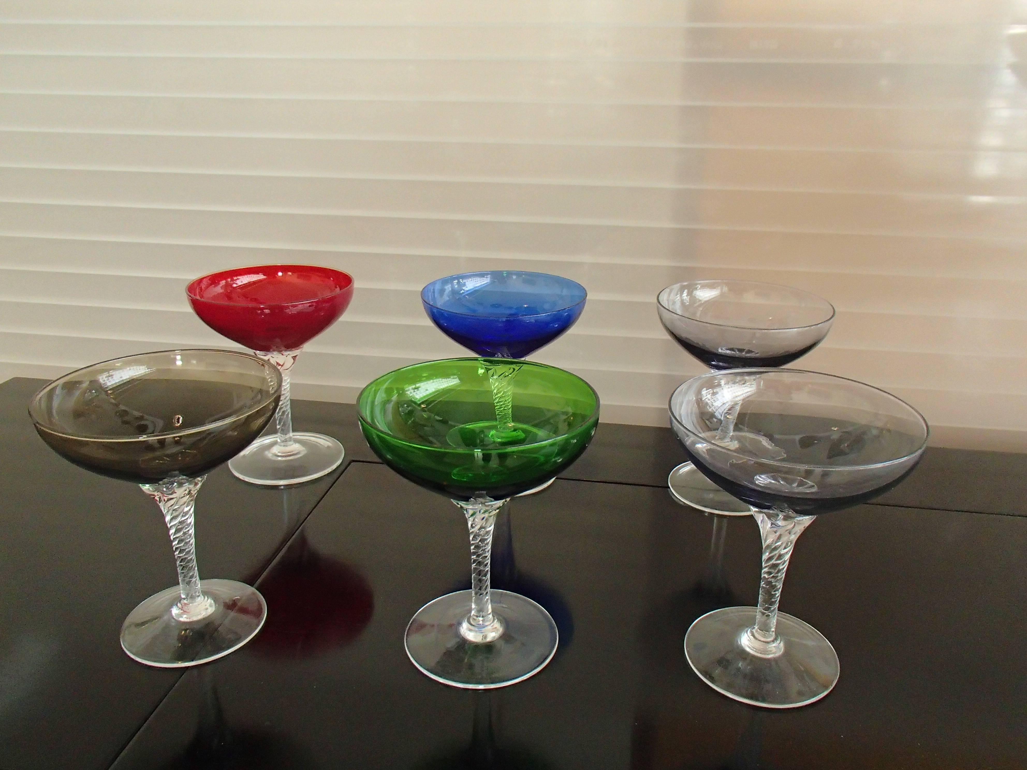 Mid-Century Modern Six Colorful Murano Champagne Cups on Twisted Clear Base For Sale