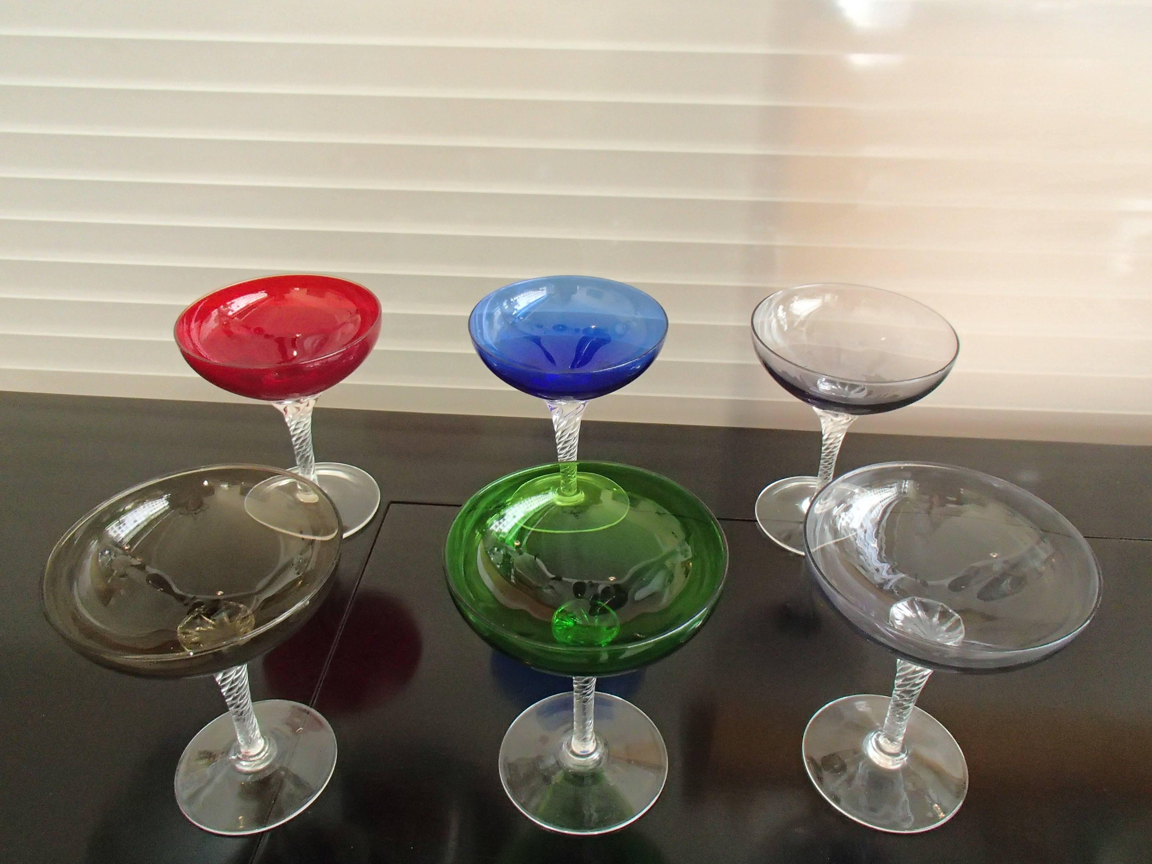 Italian Six Colorful Murano Champagne Cups on Twisted Clear Base For Sale