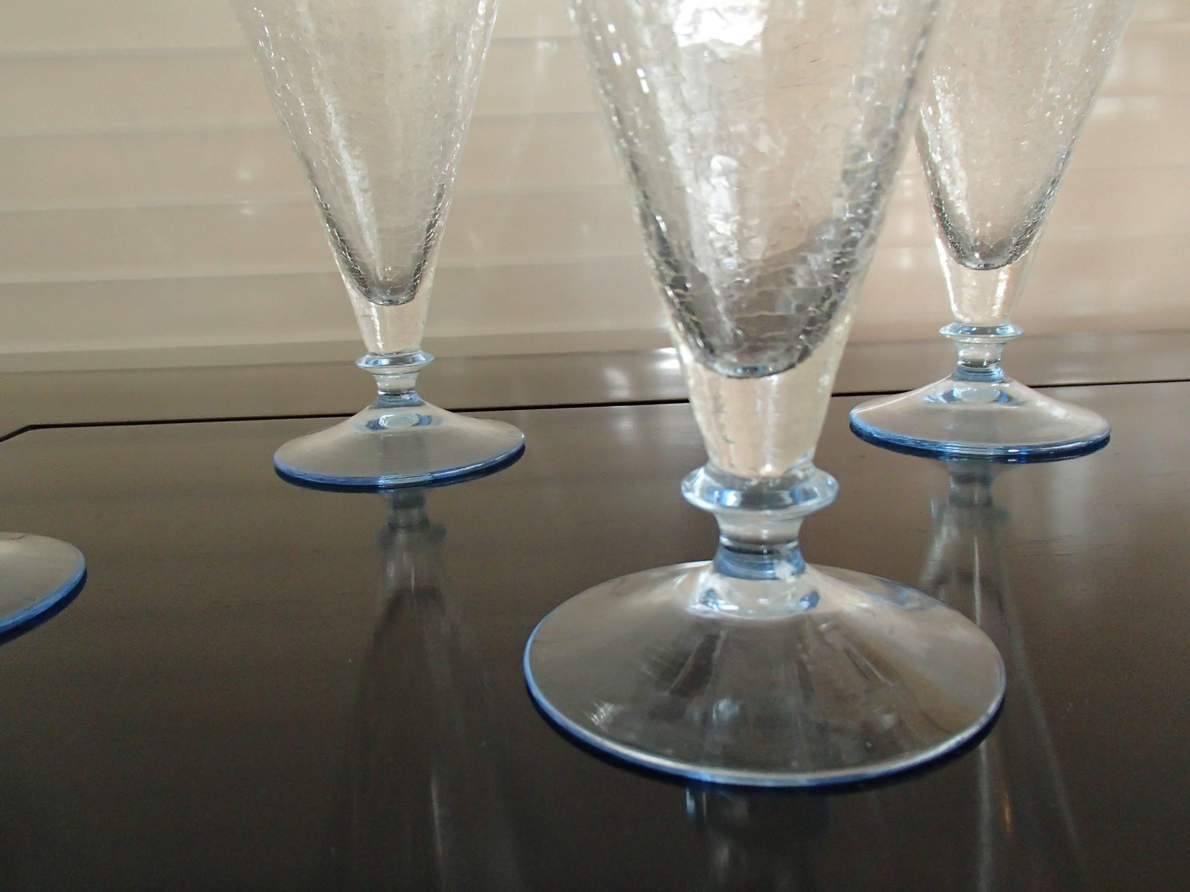French Art Deco Eight Cracquele Glass Glasses with Light Blue Base For Sale