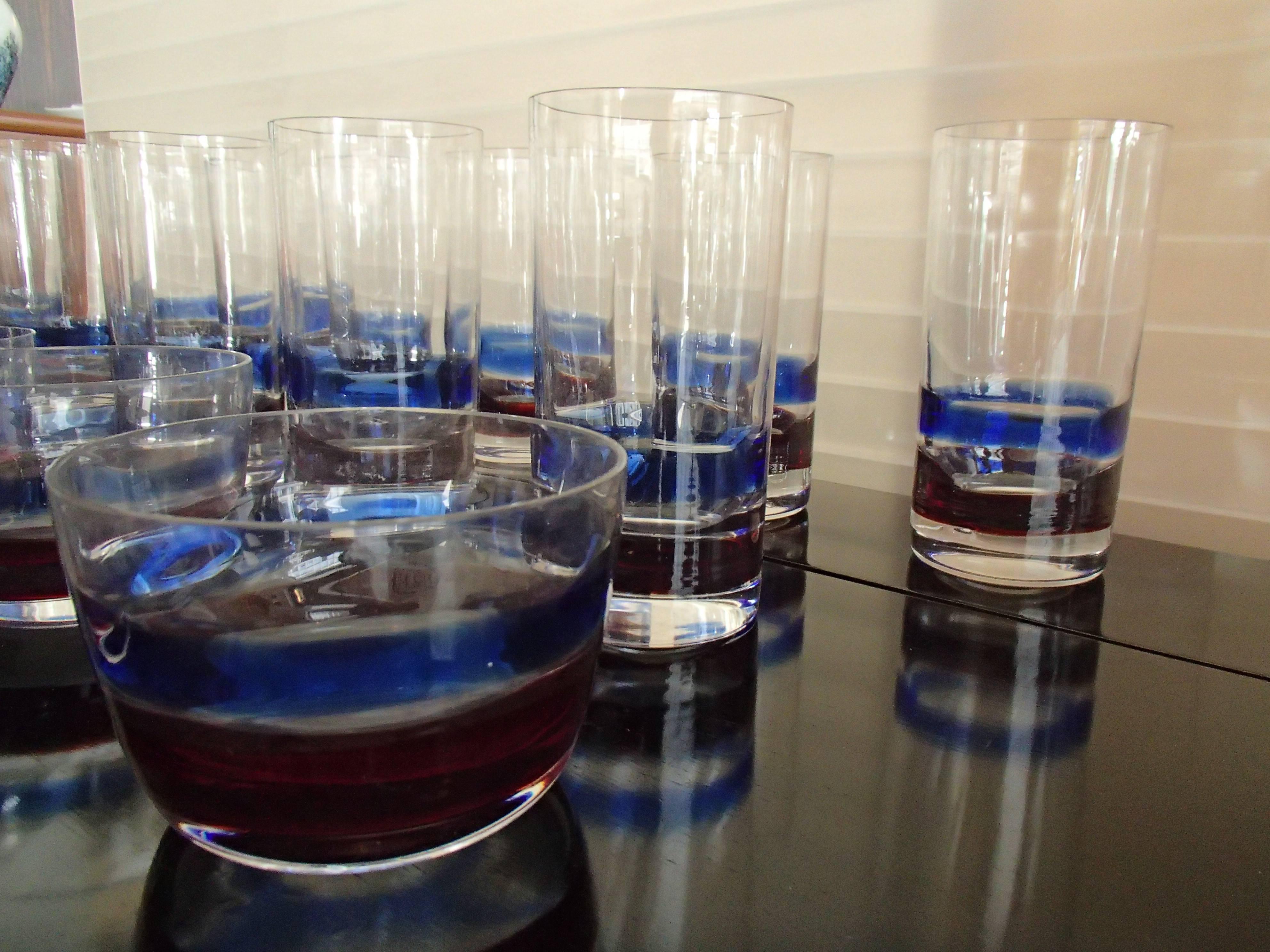 Mid-Century Seven Cups and 11 Water, Long Drink Glasses Red Blue Fulvio Bianconi For Sale 1