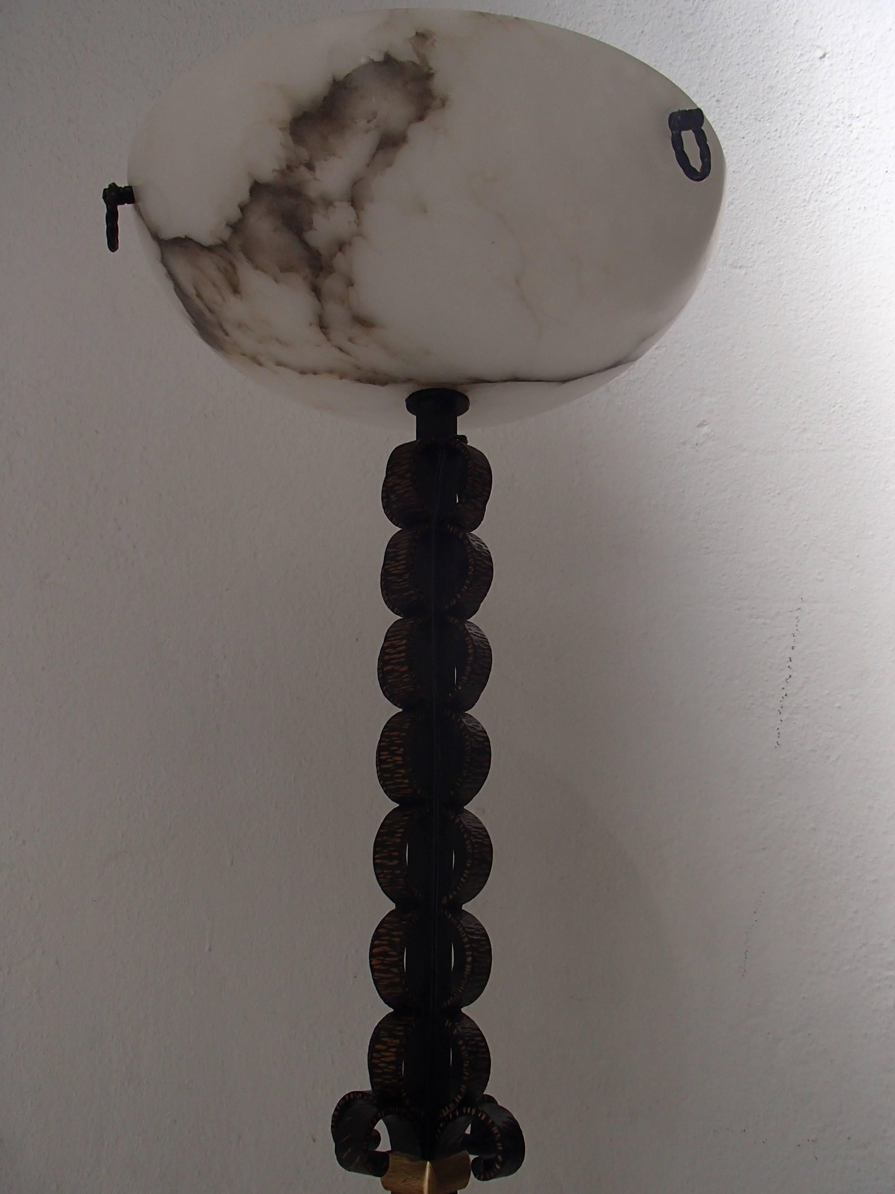 French Art Deco Floor Lamp Wrought Iron and Brass with Alabaster Shade For Sale
