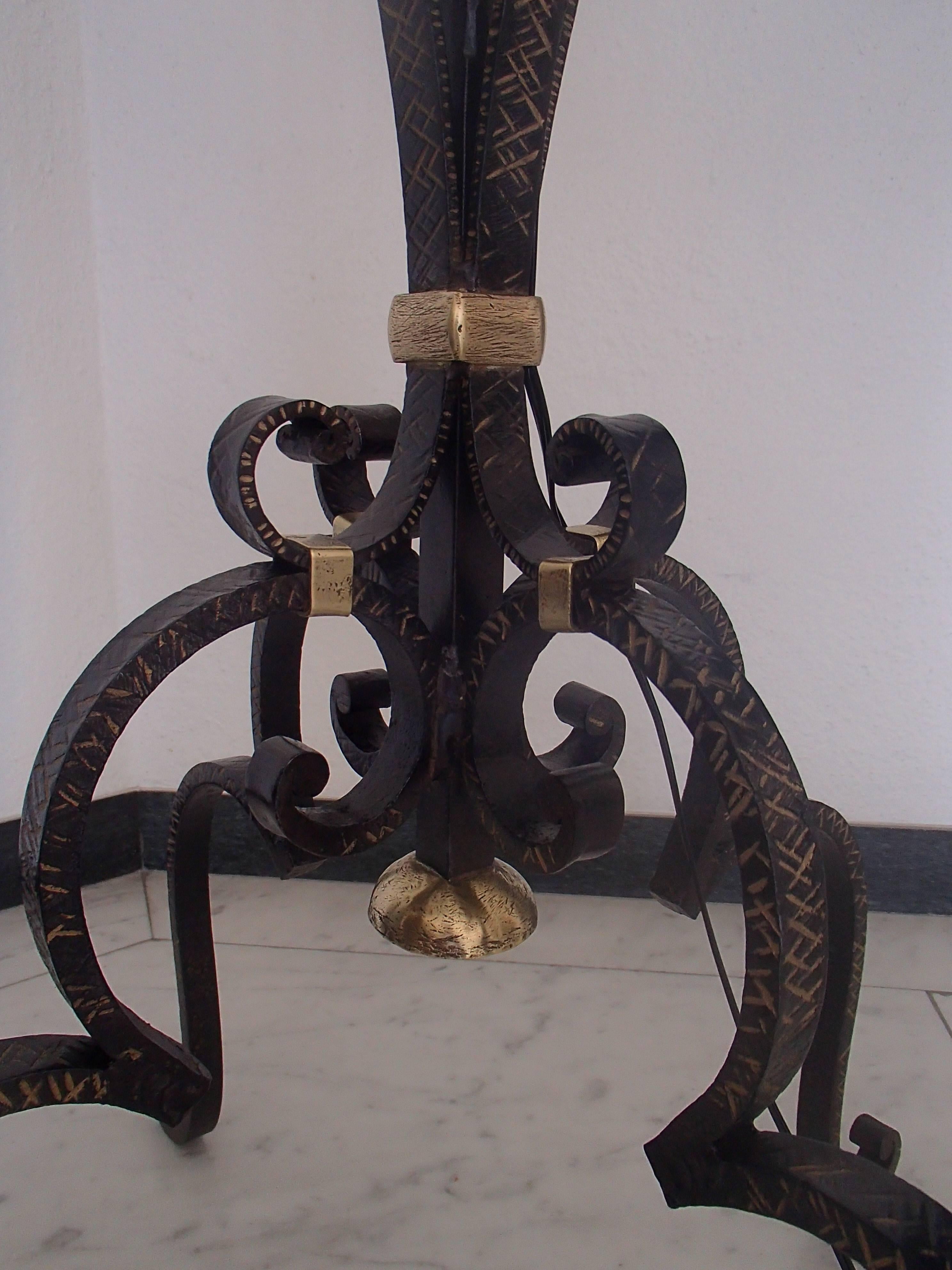 Mid-20th Century Art Deco Floor Lamp Wrought Iron and Brass with Alabaster Shade For Sale