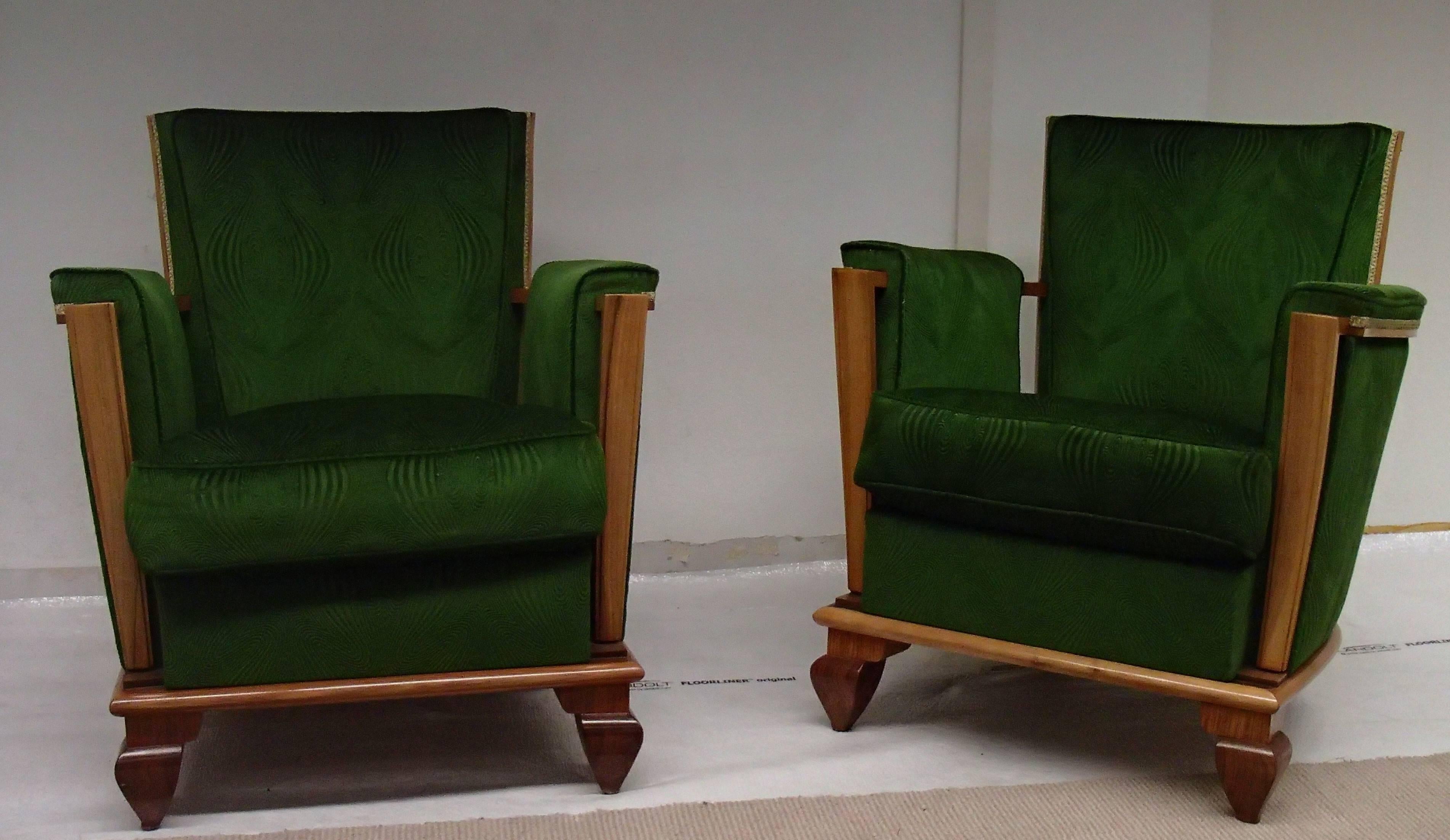 One of a kind seating set completely re-upholstered and restored. Cushions filled with goose feather's. 17 meter's of green relief velour was used to cover. 
The sofa is 195 cm long and 70 cm deep. The armchairs are 75 cm large and 70 cm deep.