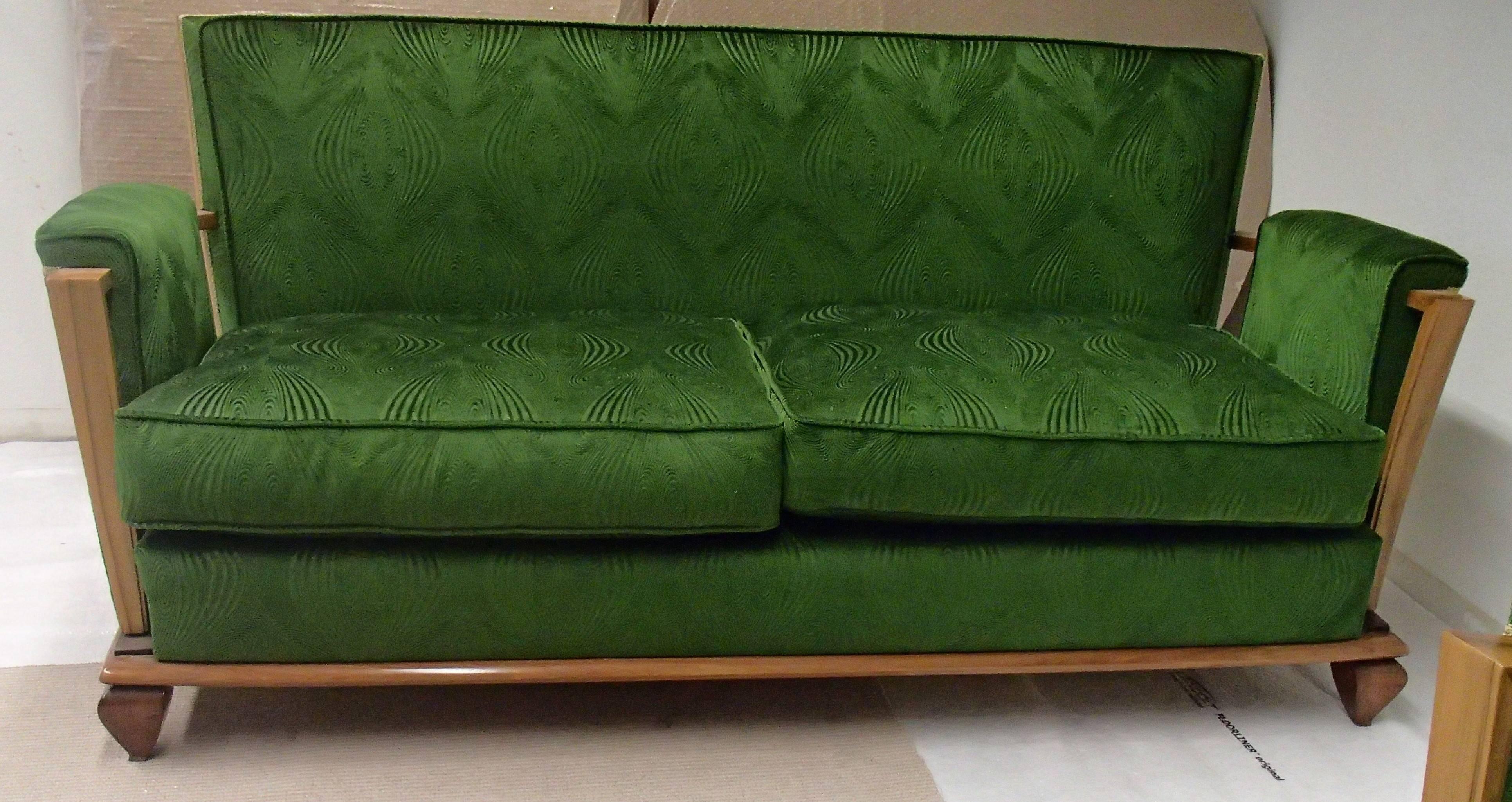 Belgian Art Deco Green Velours Three-Seat Sofa with Two Armchairs 
