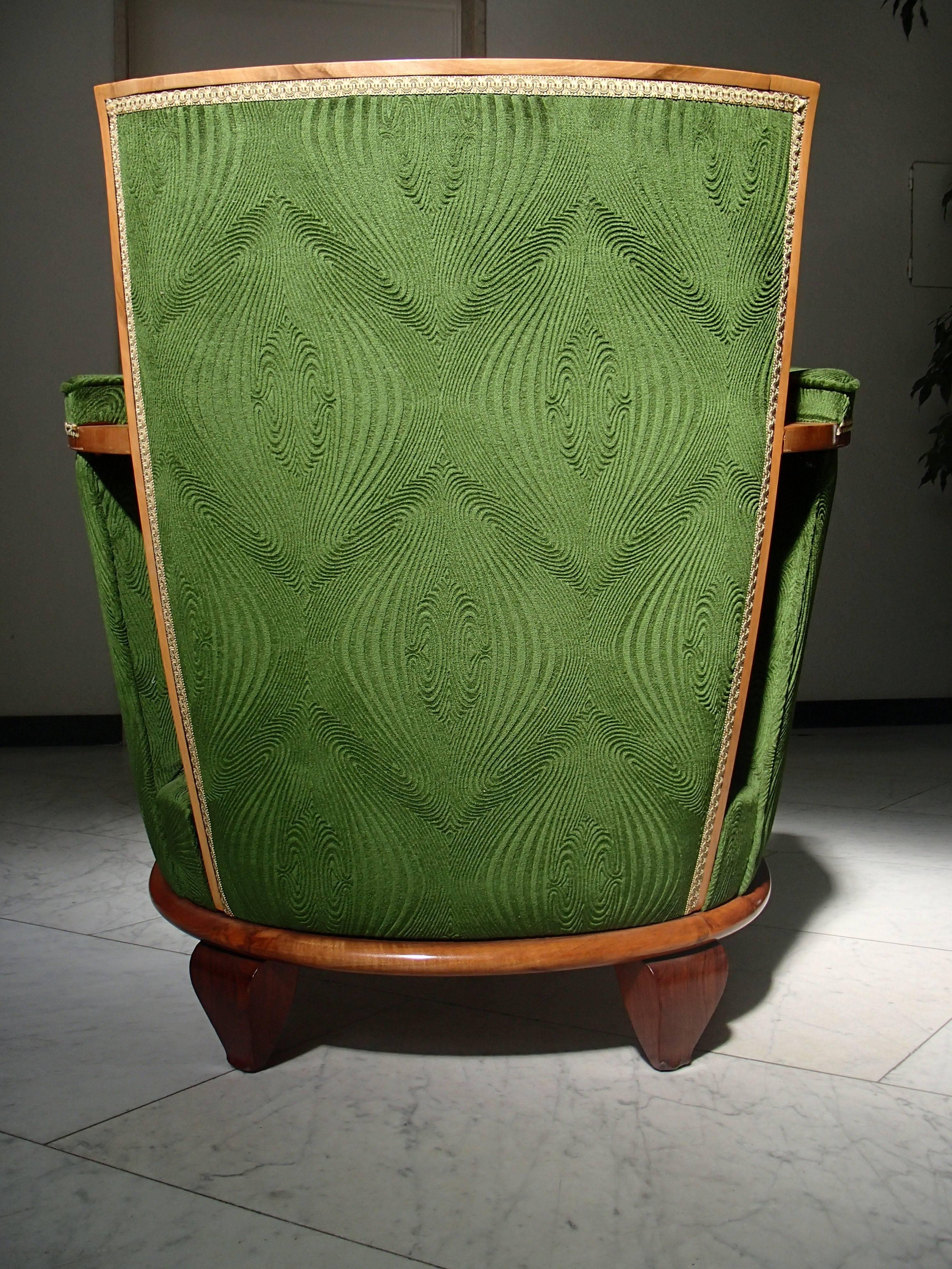 Tissu Canapé trois places Art déco en velours vert avec deux fauteuils Merkt en vente