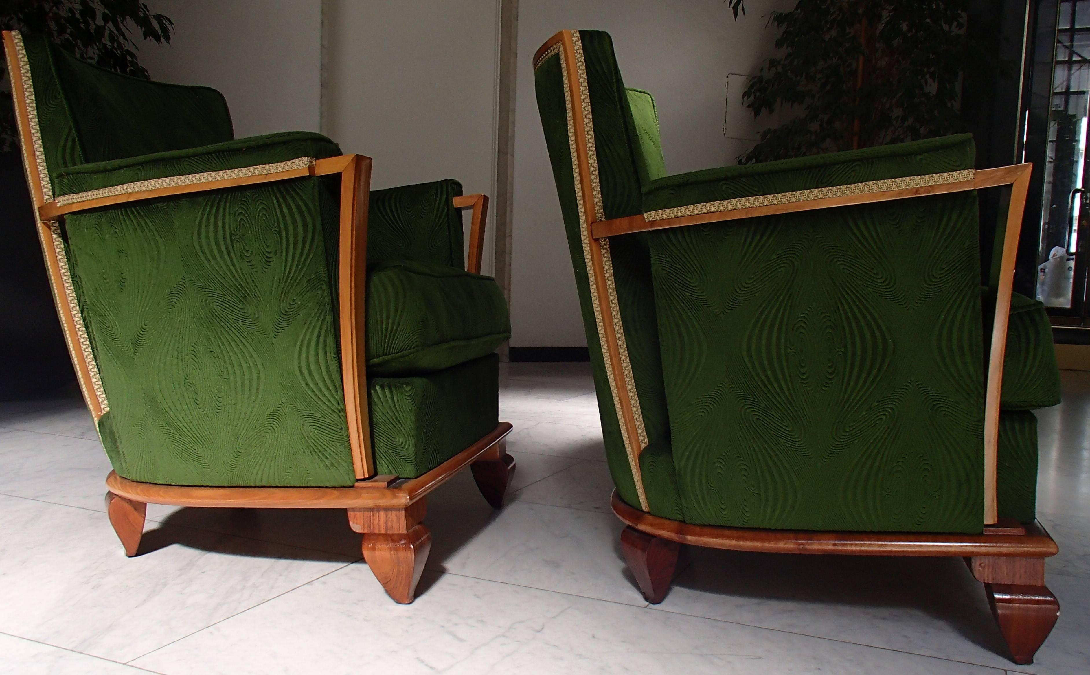 Art Deco Green Velours Three-Seat Sofa with Two Armchairs 
