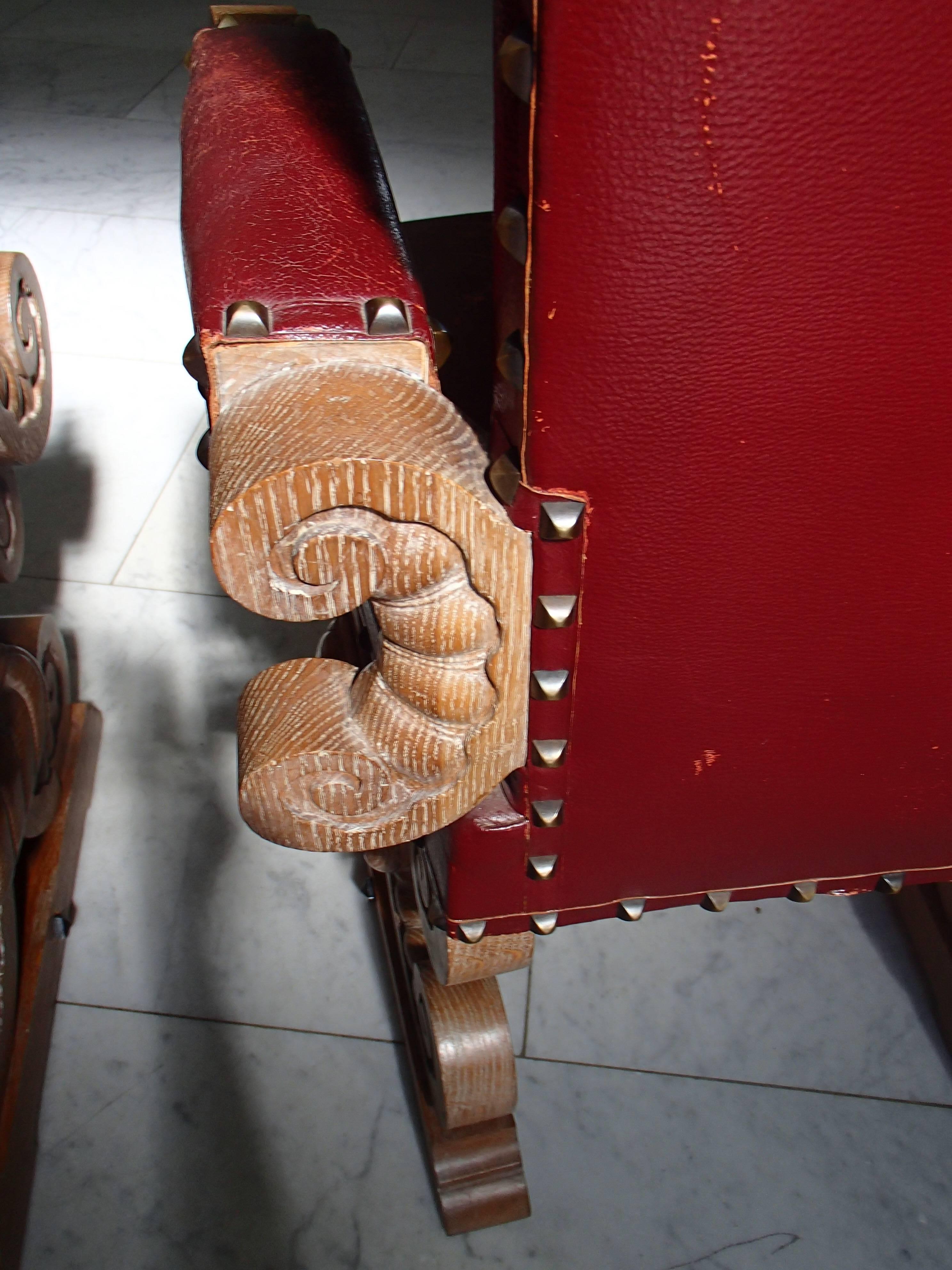 Mid-20th Century 1940 Pair of Side Chairs Chalked Oak and Red Leather For Sale