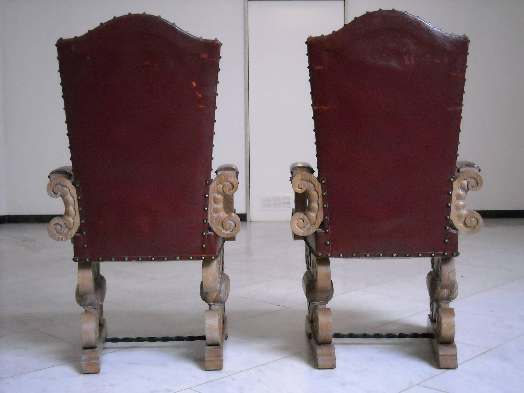 Art Deco 1940 Pair of Side Chairs Chalked Oak and Red Leather For Sale