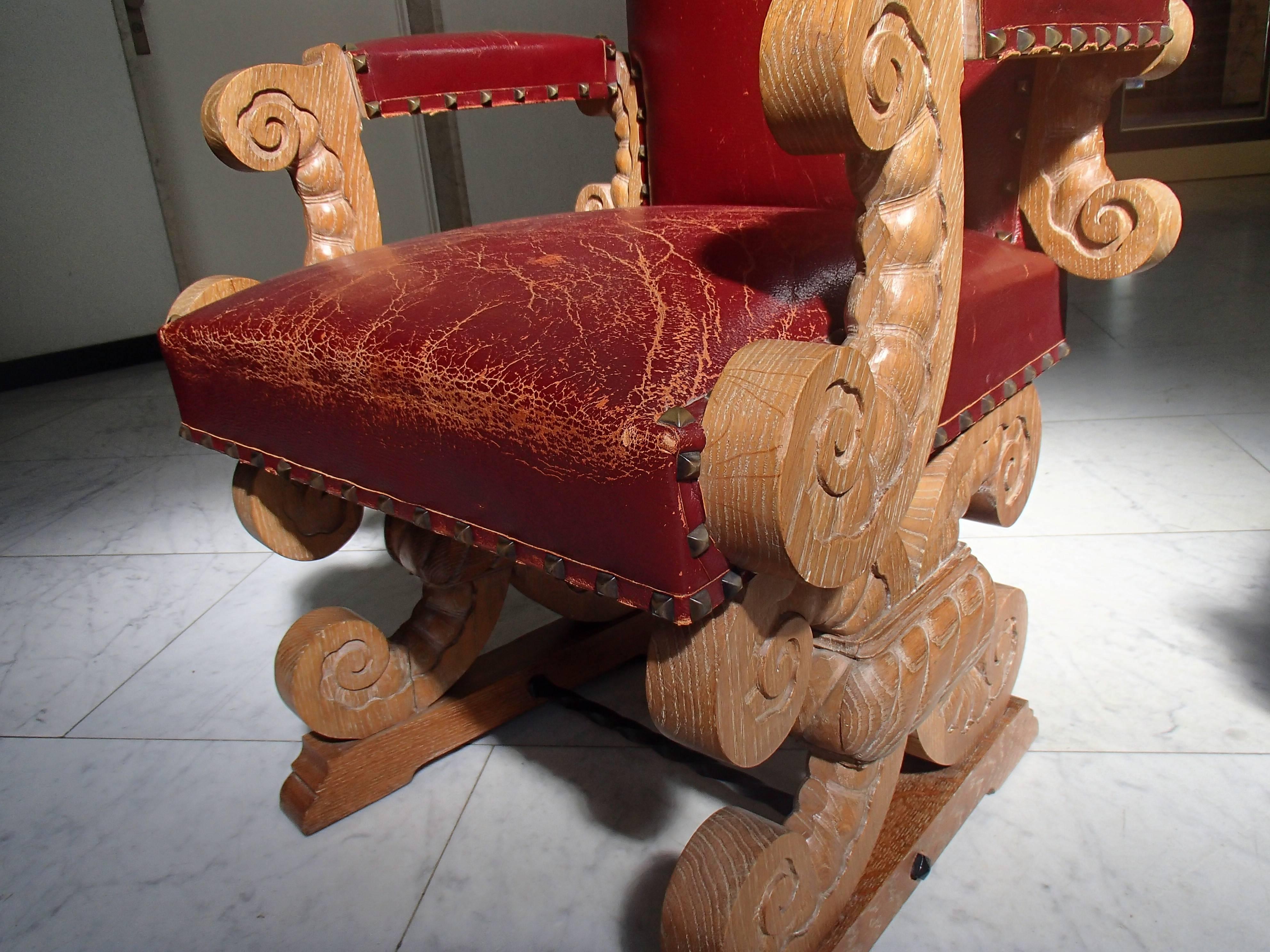 1940 Pair of Side Chairs Chalked Oak and Red Leather For Sale 1