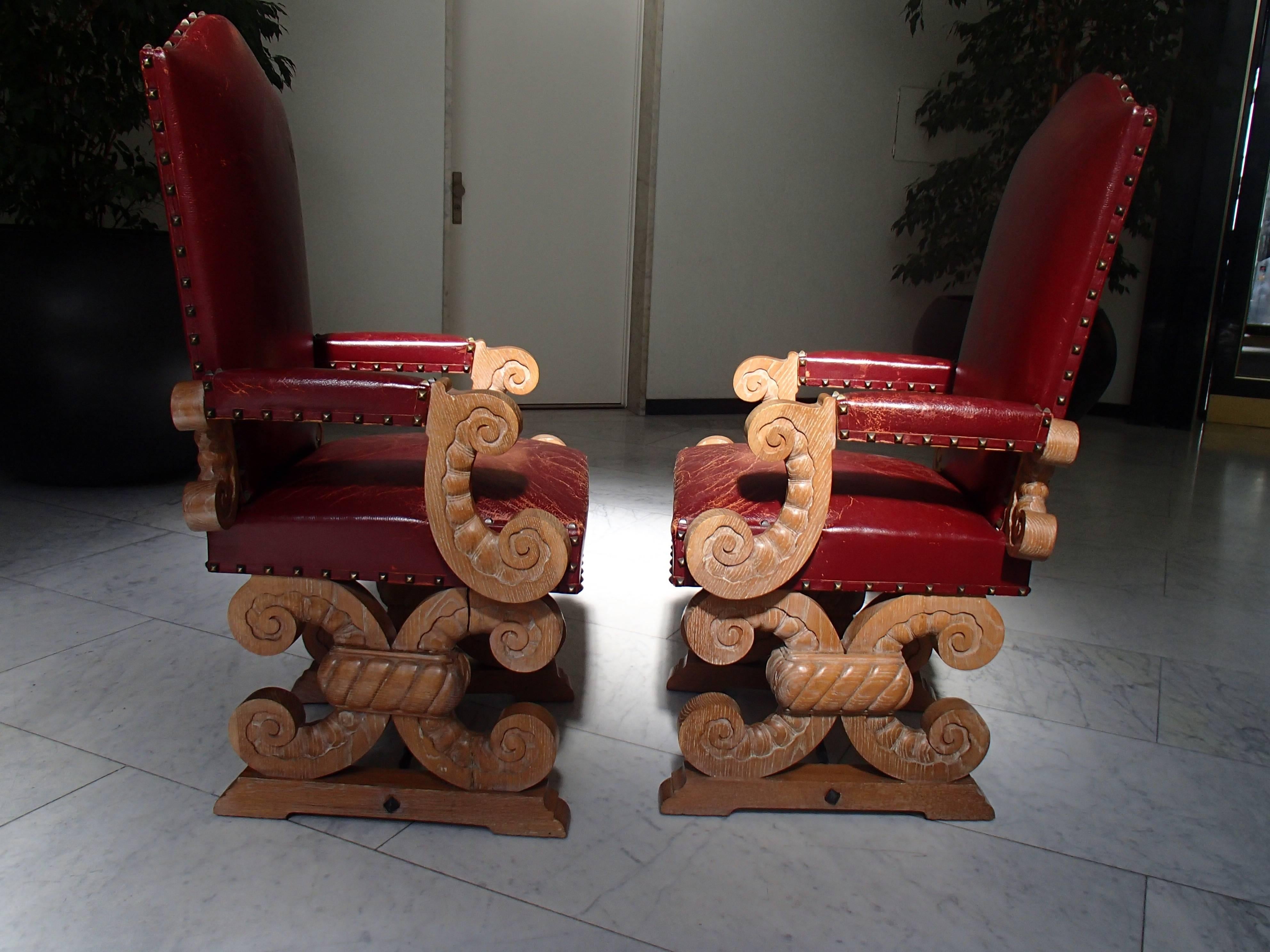 1940 Pair of Side Chairs Chalked Oak and Red Leather For Sale 3