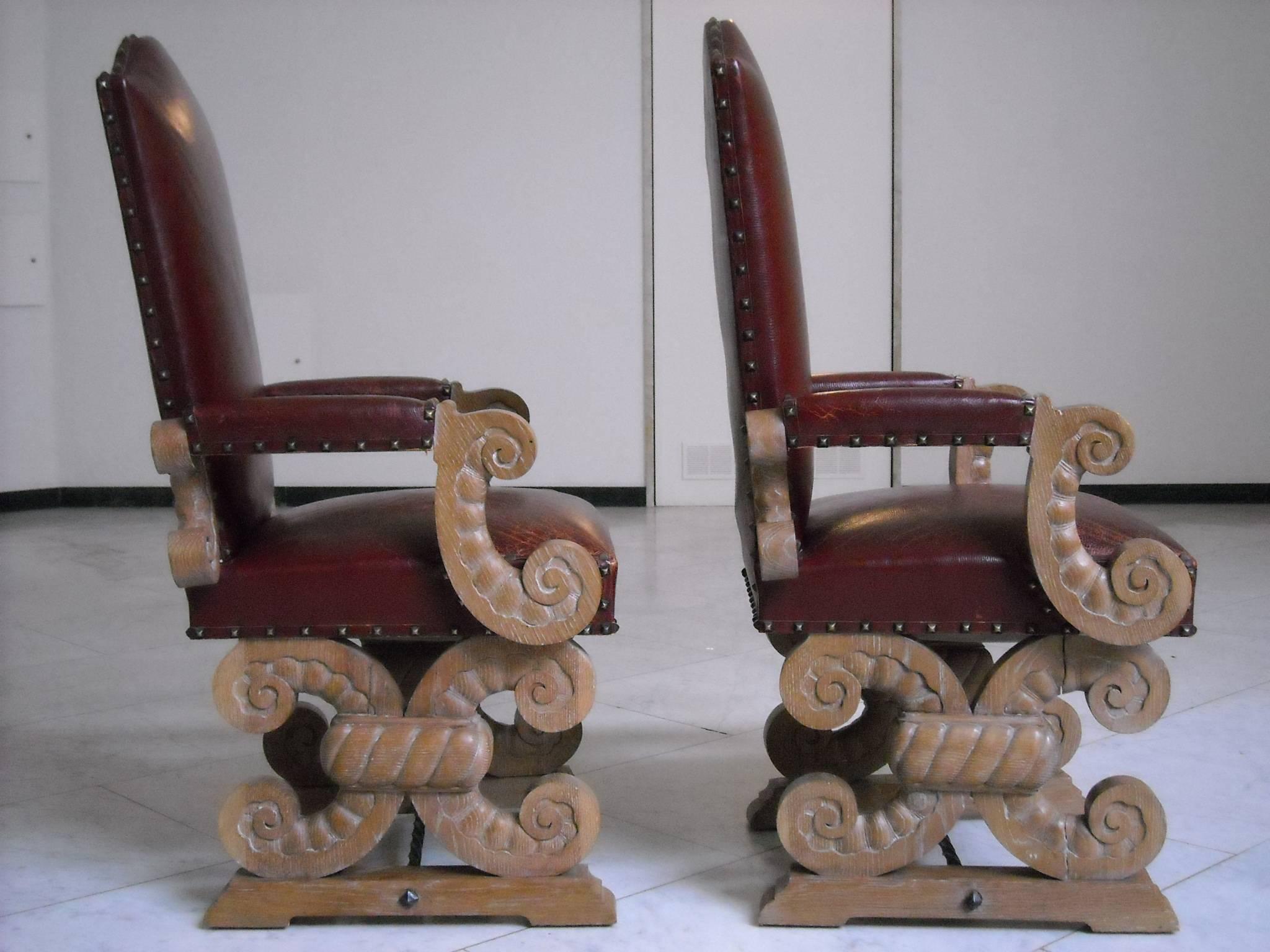 1940 Pair of Side Chairs Chalked Oak and Red Leather For Sale 4