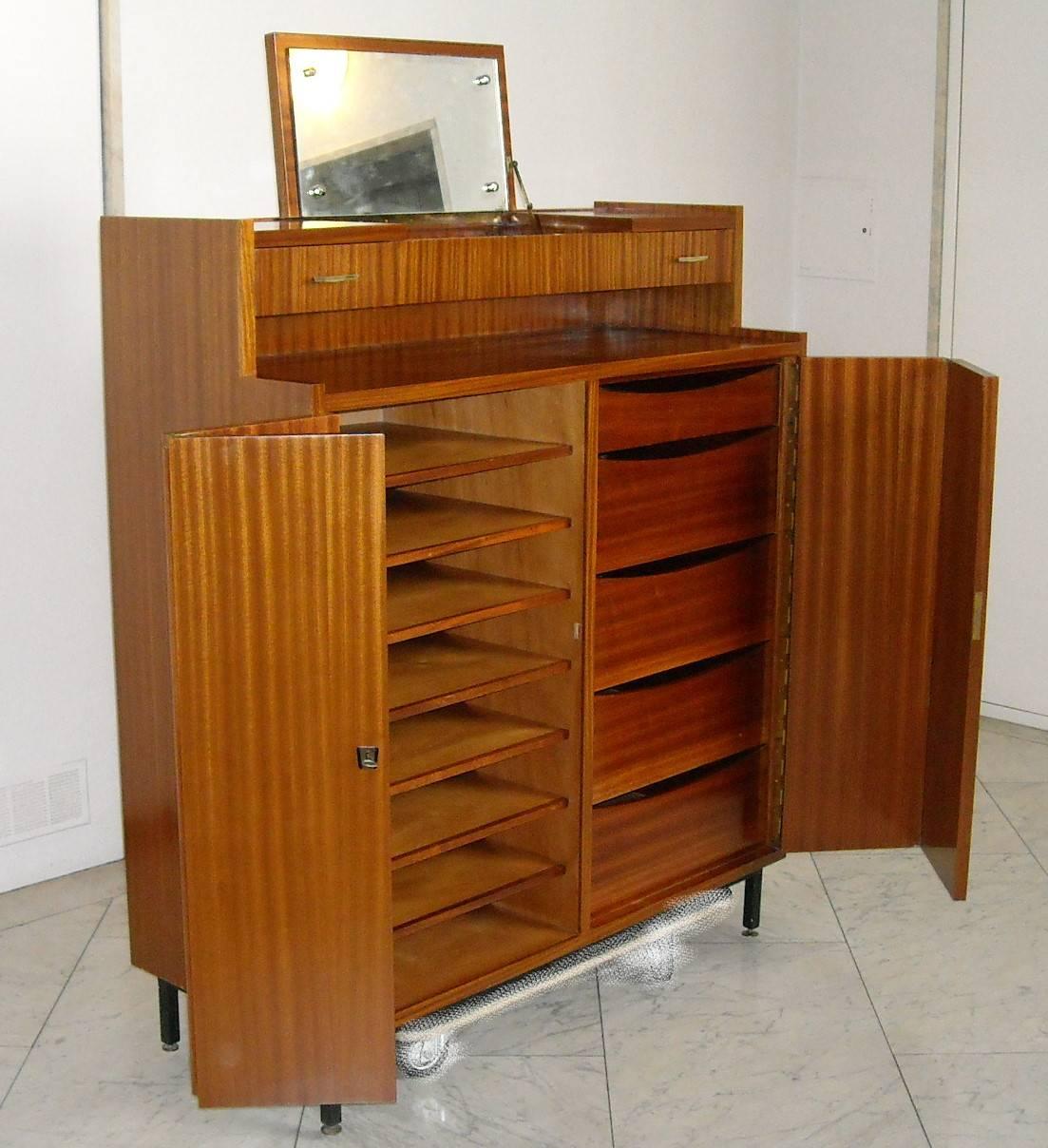 Brass Mid-Century Full Mahogany Gentlemen Dresser 