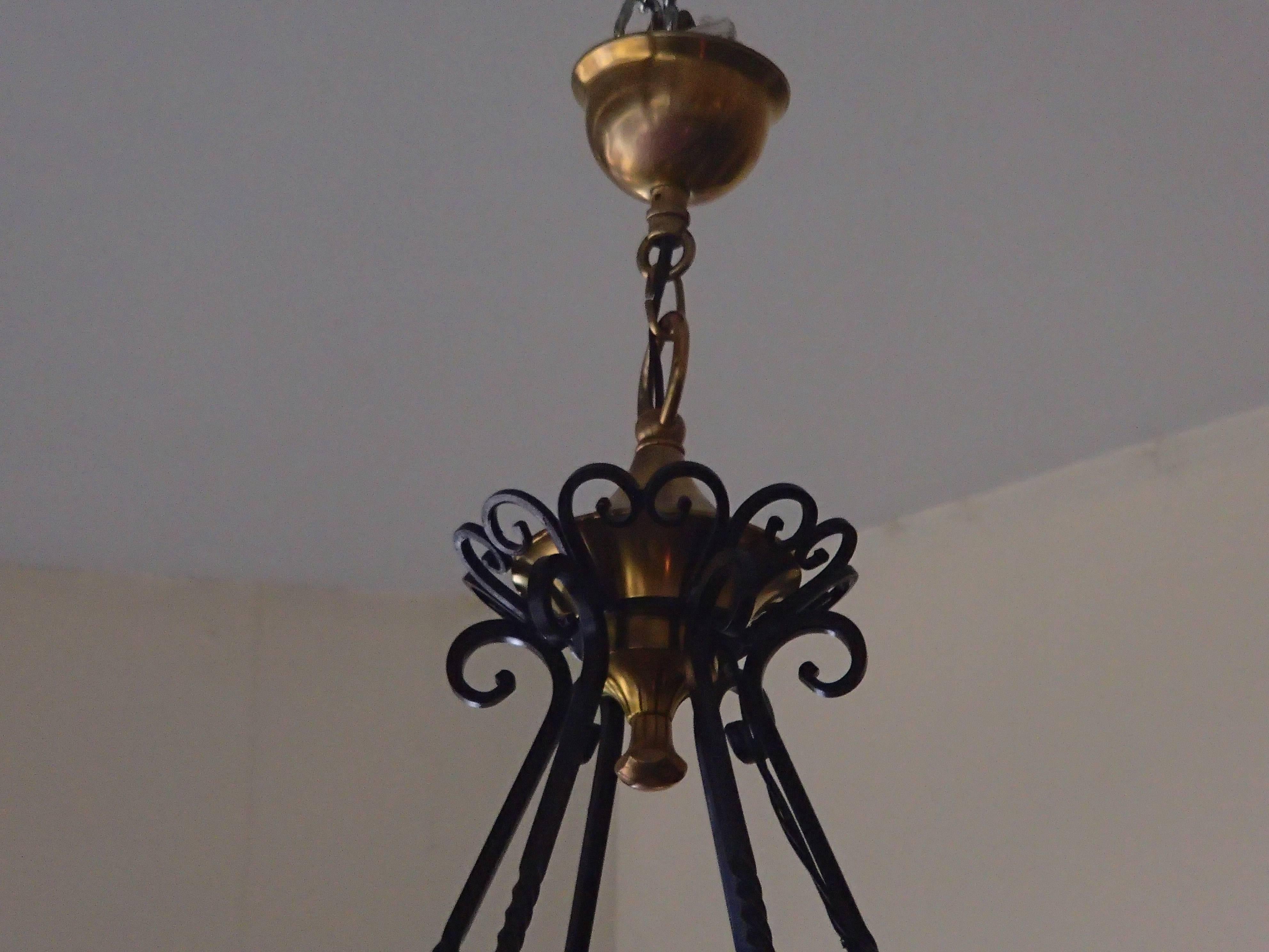 Belgian Hughes 1940 Chandelier, Wrought Iron and Brass Opal Glass For Sale