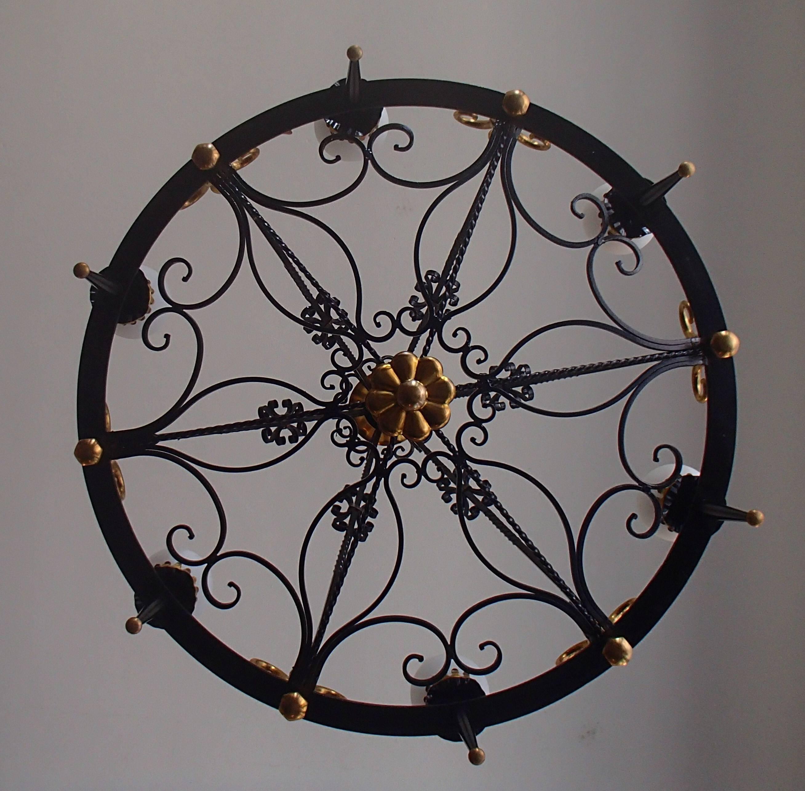 Hughes 1940 Chandelier, Wrought Iron and Brass Opal Glass In Good Condition For Sale In Weiningen, CH