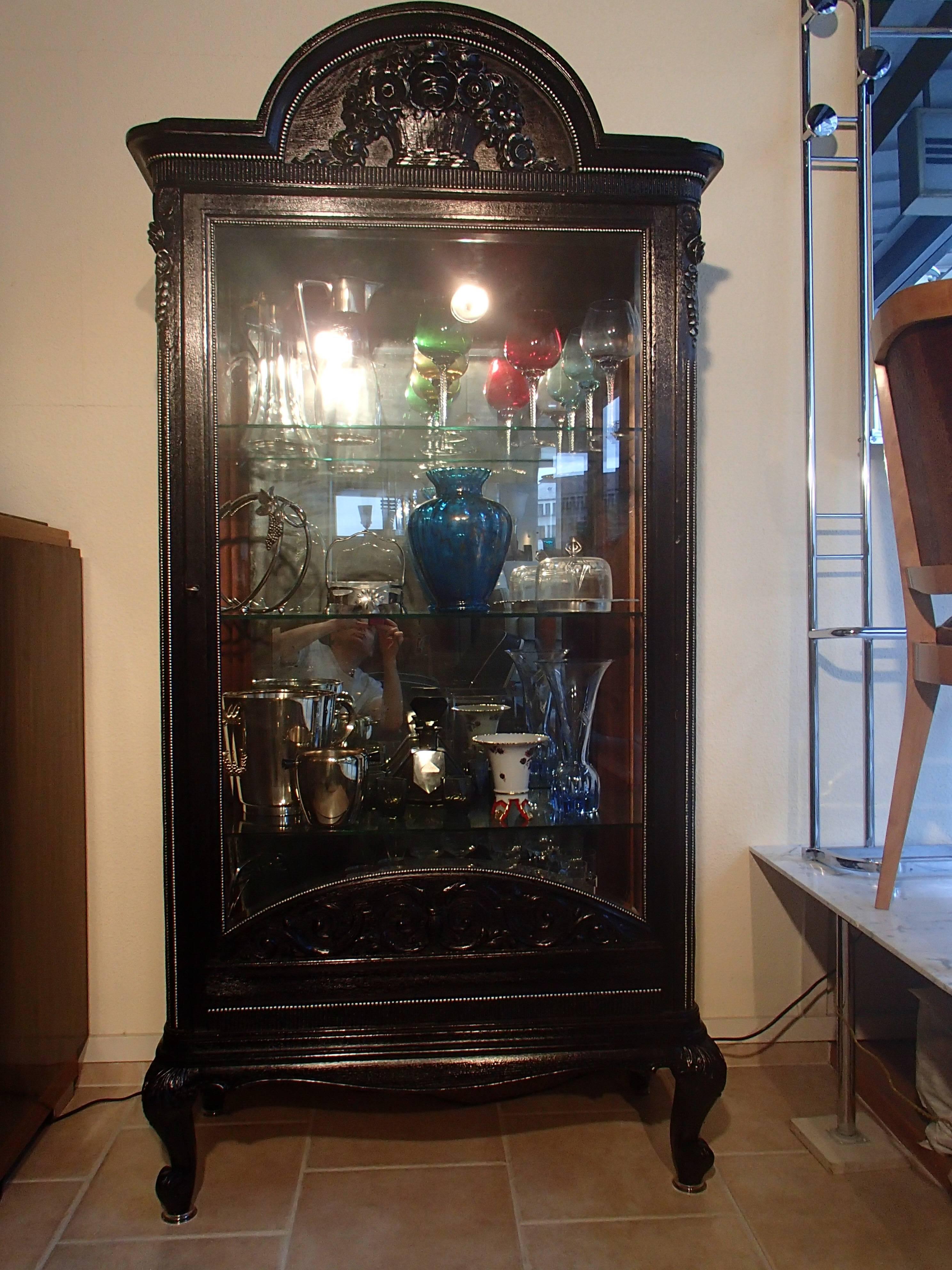 1880s Black Oak Cabinet with Carved Ornaments Original Silver Chrome Mirror For Sale 1