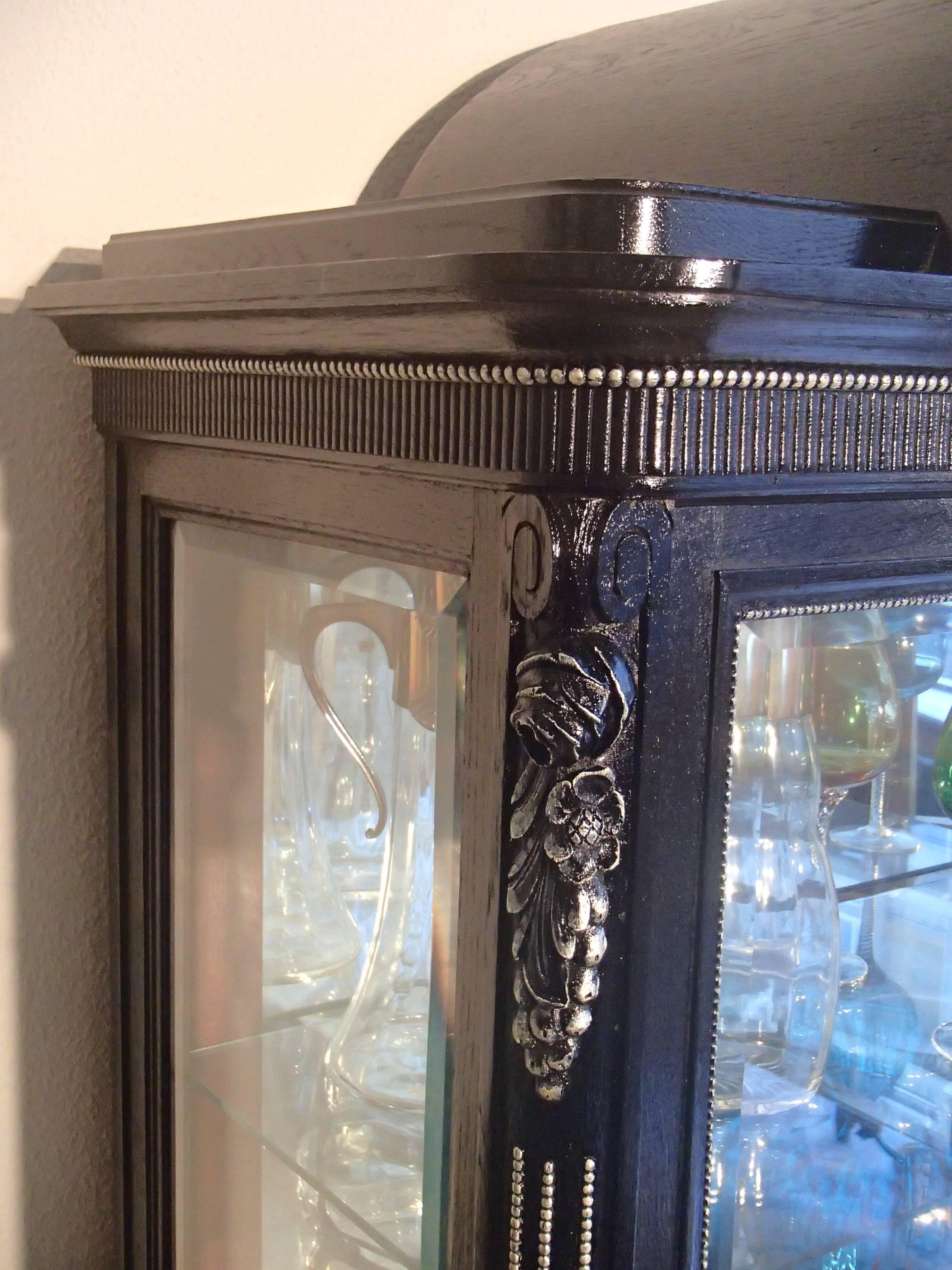 Late 19th Century 1880s Black Oak Cabinet with Carved Ornaments Original Silver Chrome Mirror For Sale