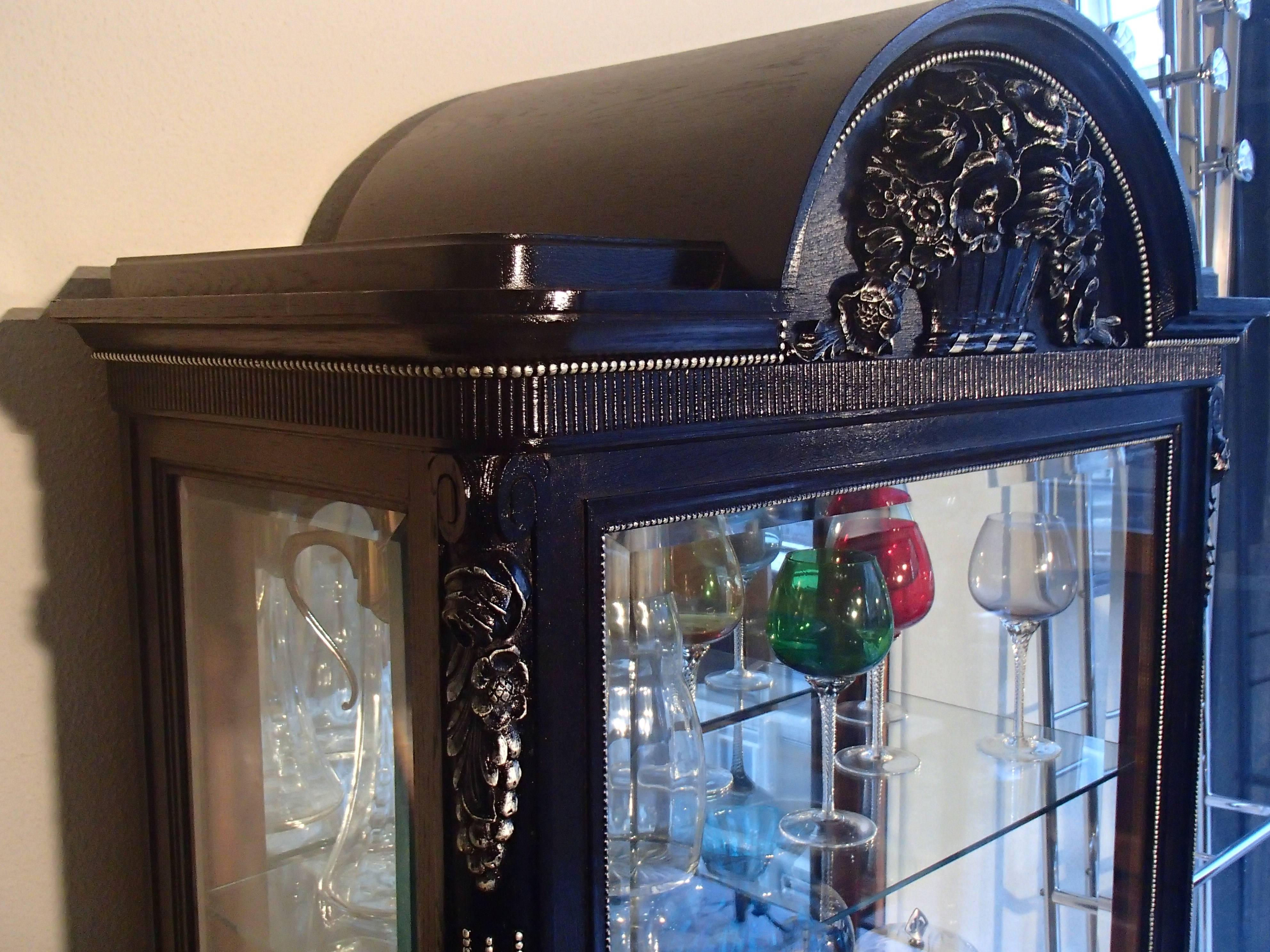 German 1880s Black Oak Cabinet with Carved Ornaments Original Silver Chrome Mirror For Sale