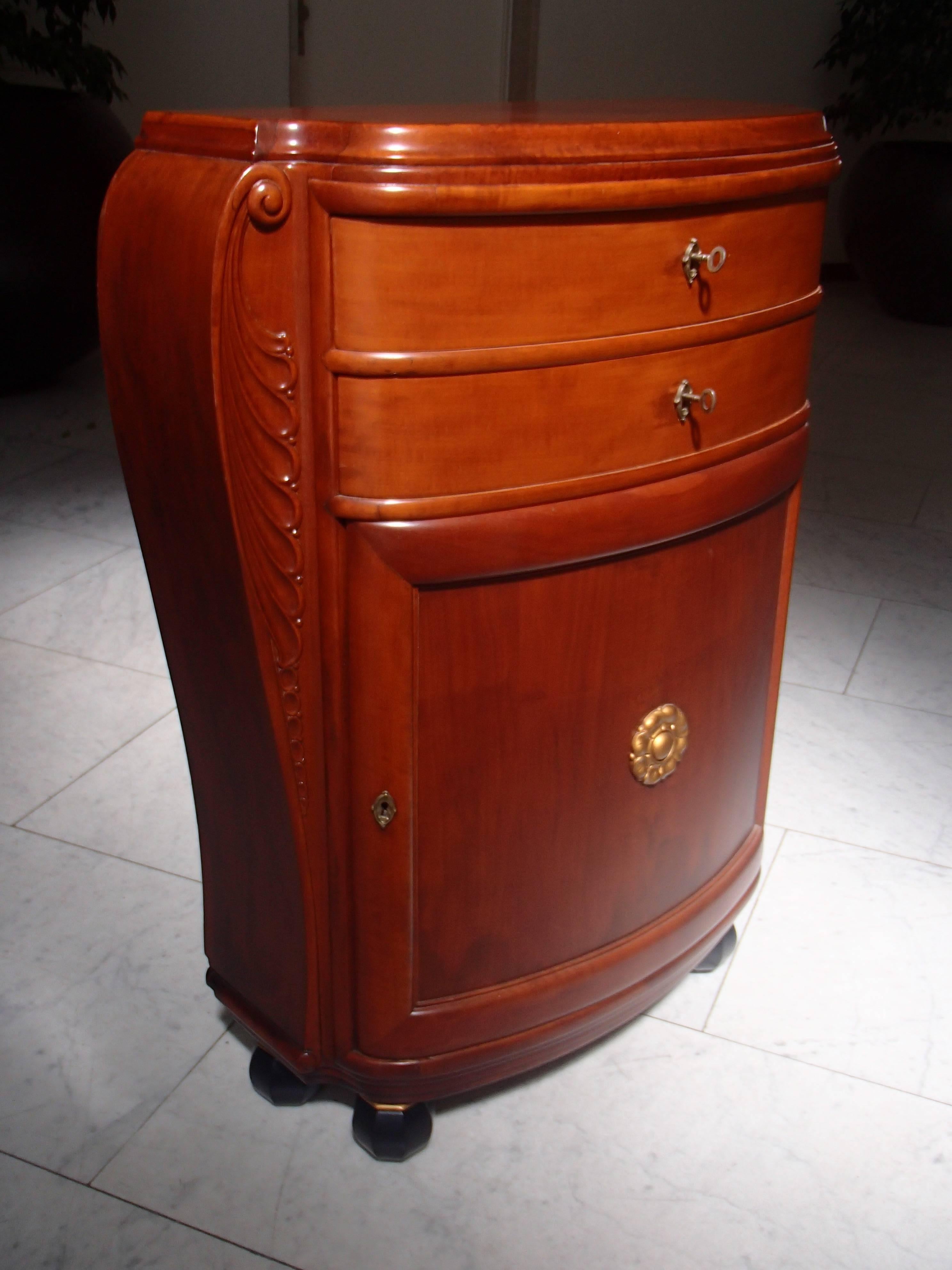 Carved 1920 Pair of Cabinets/Consoles/Cupboards Tinted Birch 4 Ball Legs Floral Emblem For Sale
