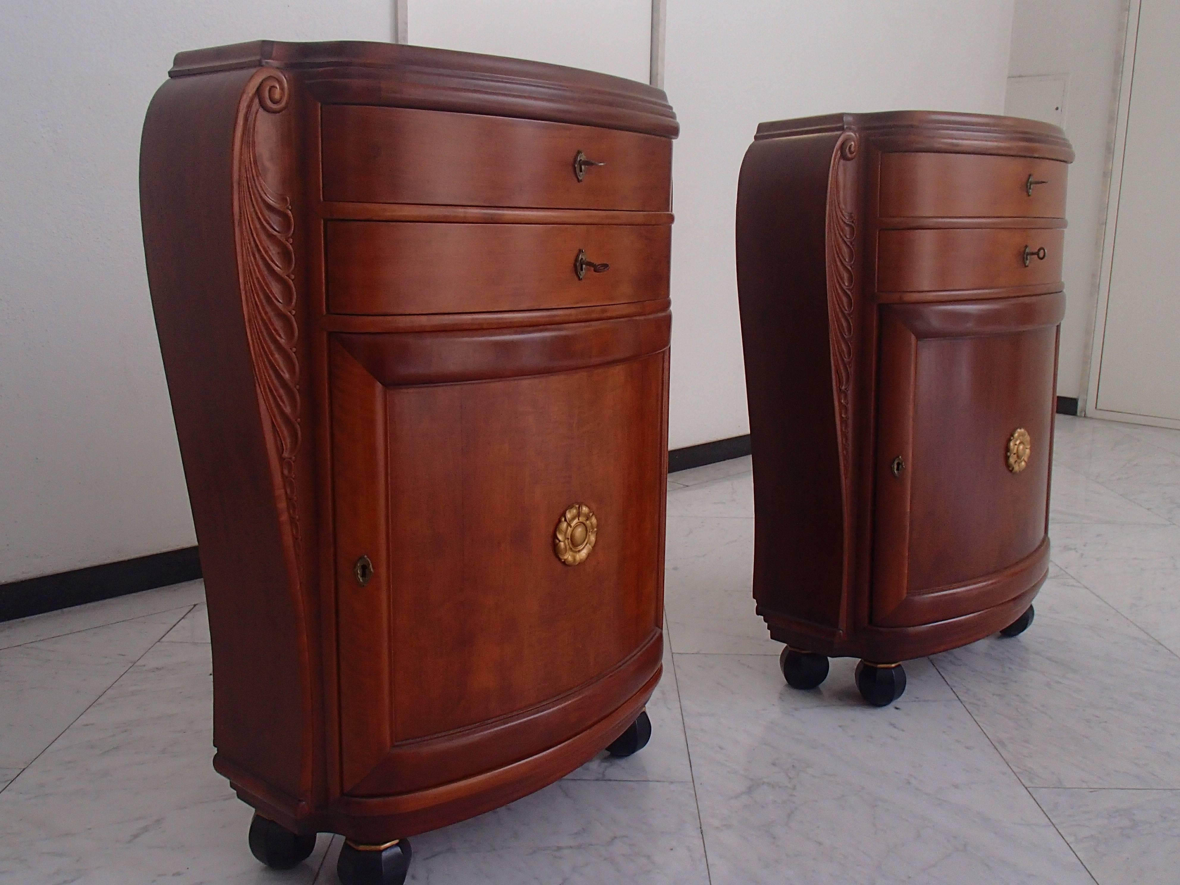 Art Deco 1920 Pair of Cabinets/Consoles/Cupboards Tinted Birch 4 Ball Legs Floral Emblem For Sale