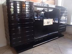 Art Deco Black Lacquered Four Doors Sideboard with Bronze Plate